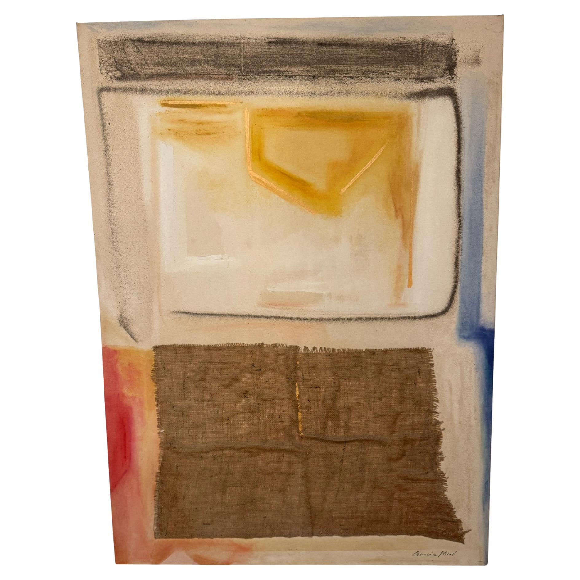 Signed Garcia Miró Mixed Media Abstract Painting with Burlap Collage Earth Tones For Sale