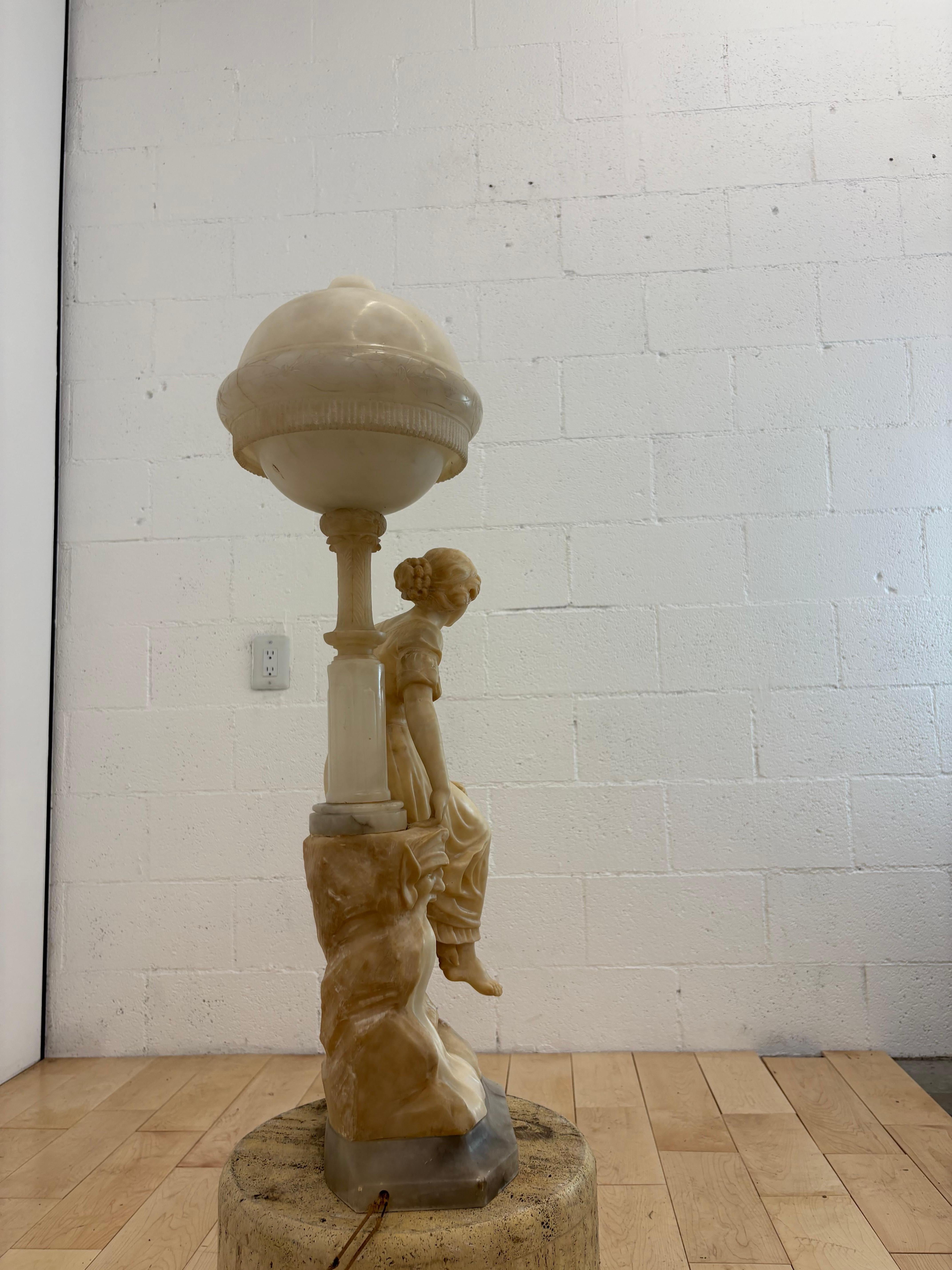 Neoclassical Signed Gaspar Mascagni Alabaster Figural Lamp, Italian, c. 1900 For Sale