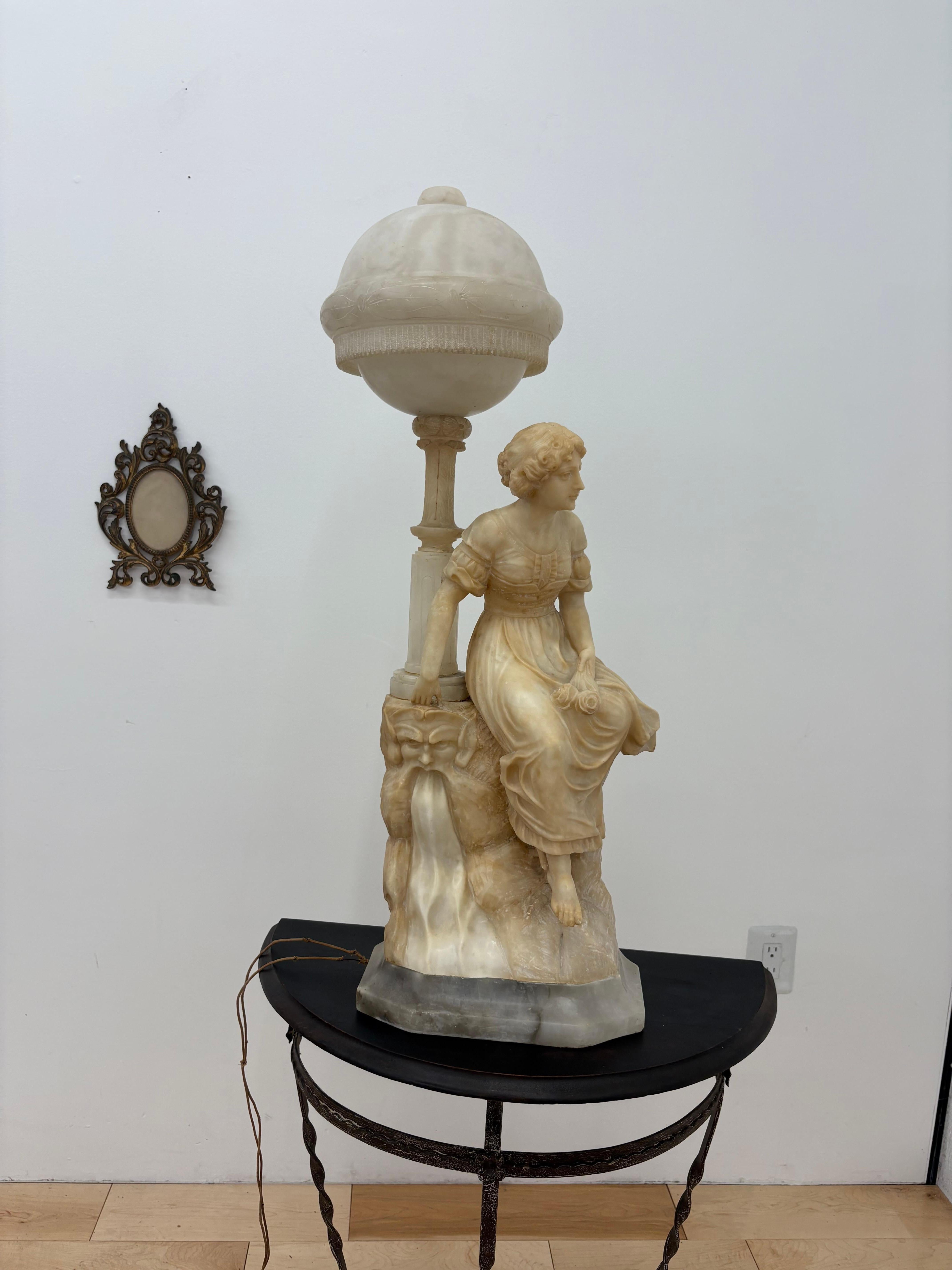 Hand-Carved Signed Gaspar Mascagni Alabaster Figural Lamp, Italian, c. 1900 For Sale