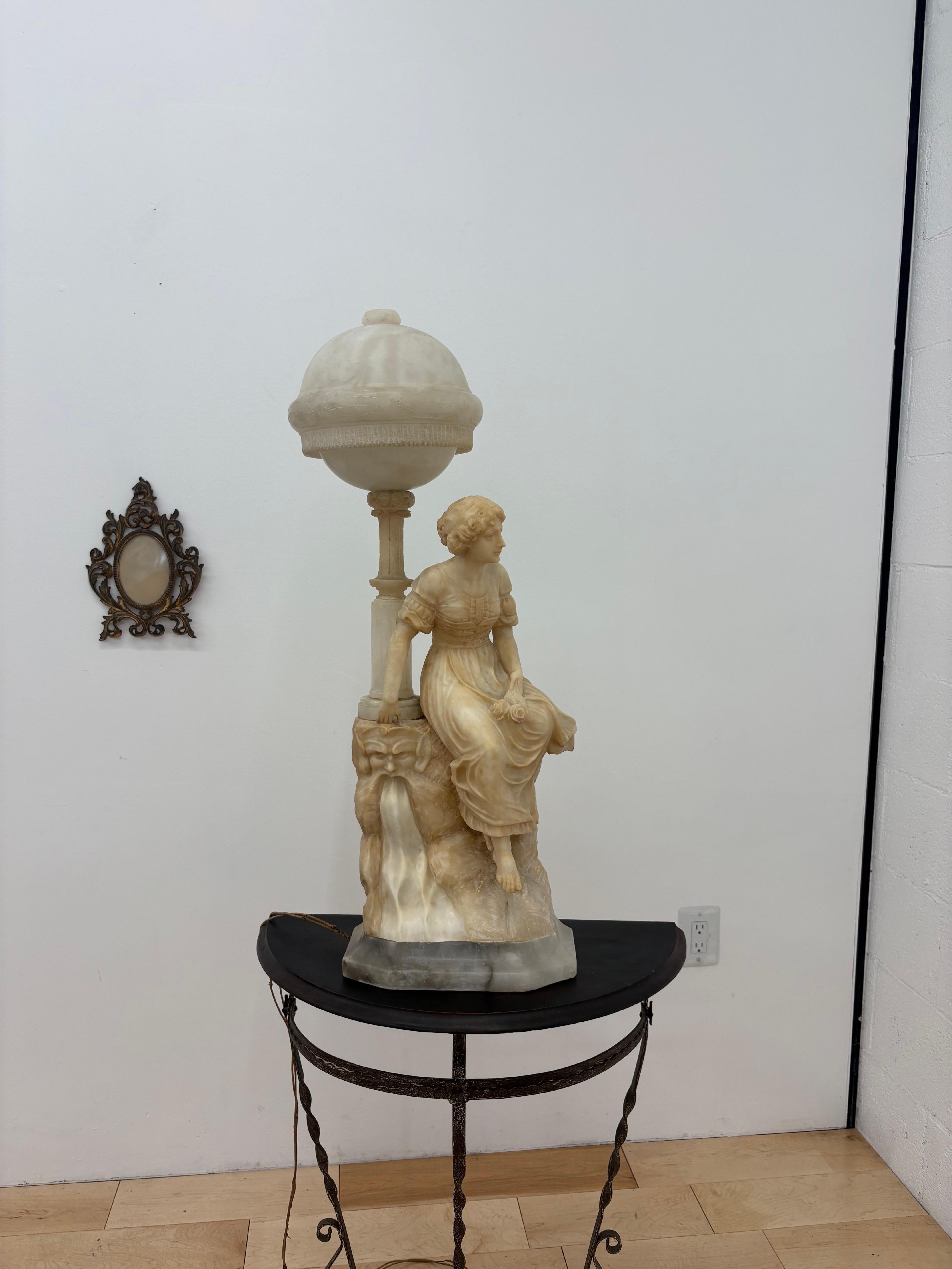 Metal Signed Gaspar Mascagni Alabaster Figural Lamp, Italian, c. 1900 For Sale