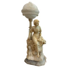Antique Signed Gaspar Mascagni Alabaster Figural Lamp, Italian, c. 1900