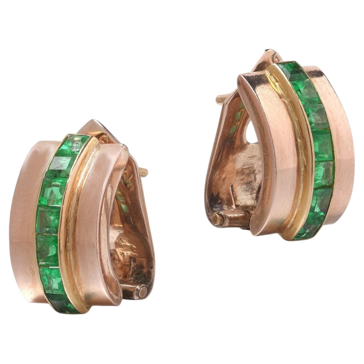 Signed Gazdar 15KT Gold Square-Cut Emerald Clip and Post Earrings For Sale