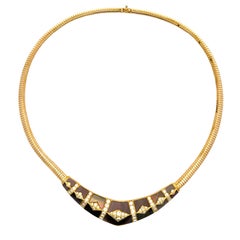 Signed Gem Lok 18K Tubogas Collar Necklace, Diamonds & Brown Mother-of-Pearl Mos