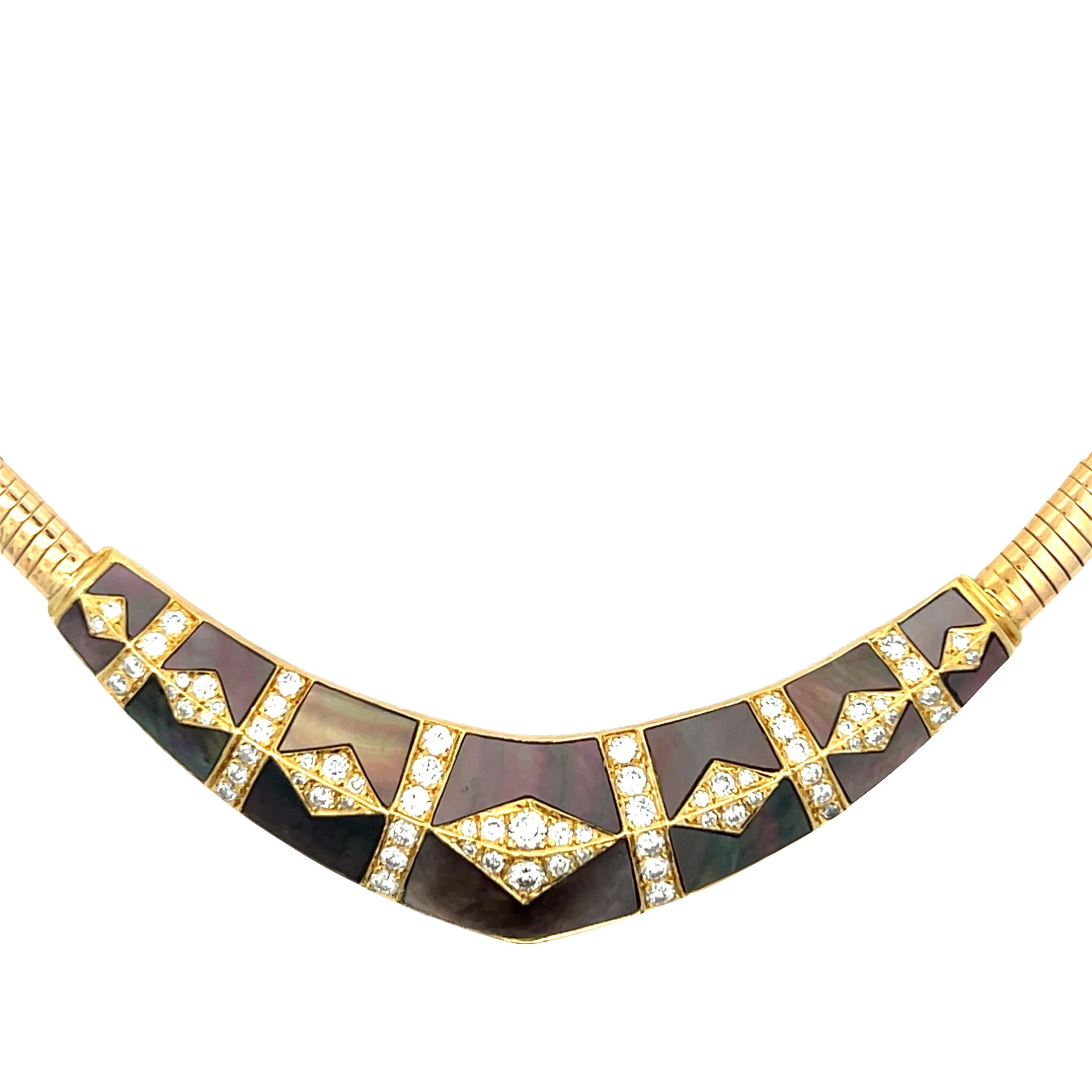 Modernist Signed Gem Lok 18K Tubogas Collar Necklace, Diamonds & Brown Mother-of-Pearl Mos For Sale