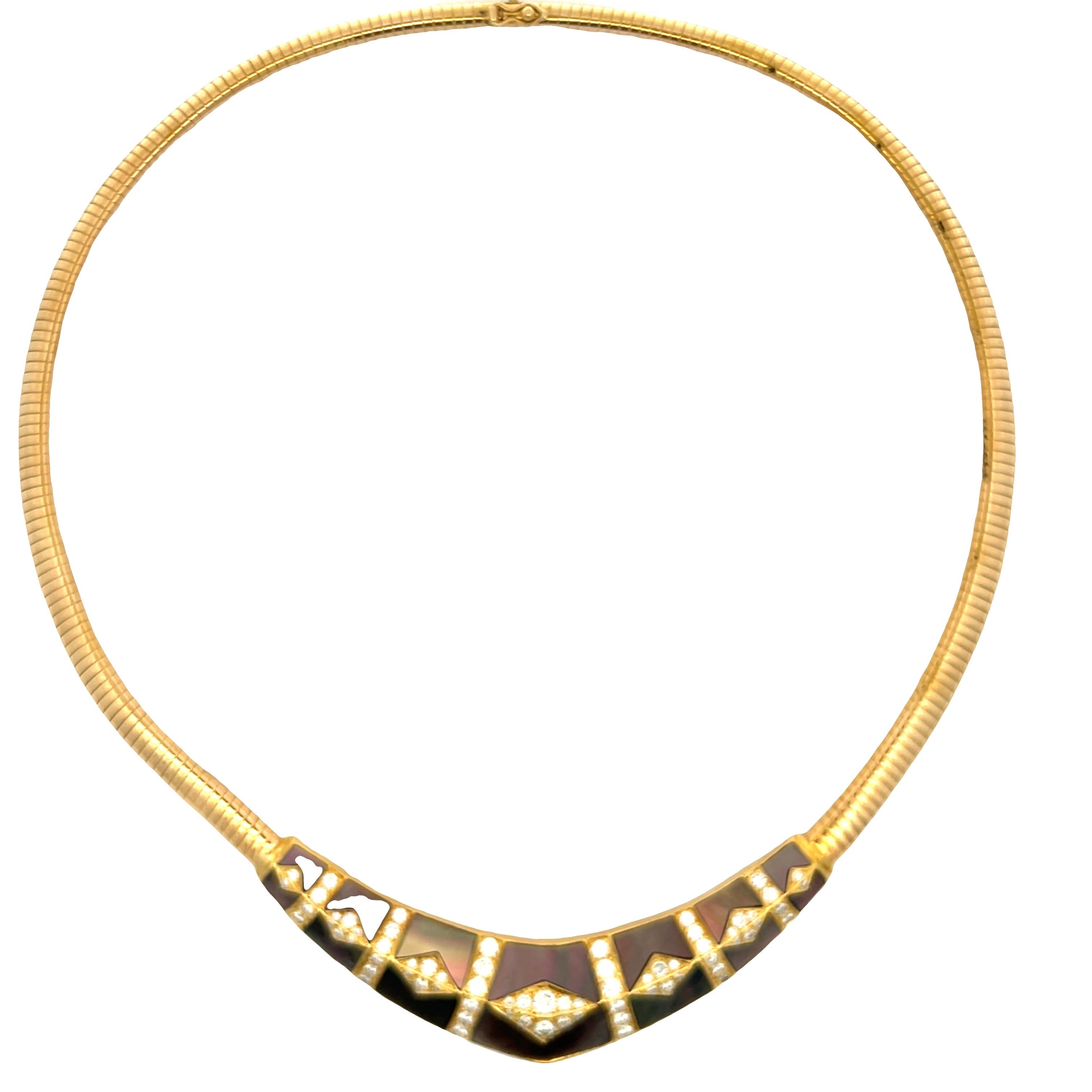 Mixed Cut Signed Gem Lok 18K Tubogas Collar Necklace, Diamonds & Brown Mother-of-Pearl Mos For Sale