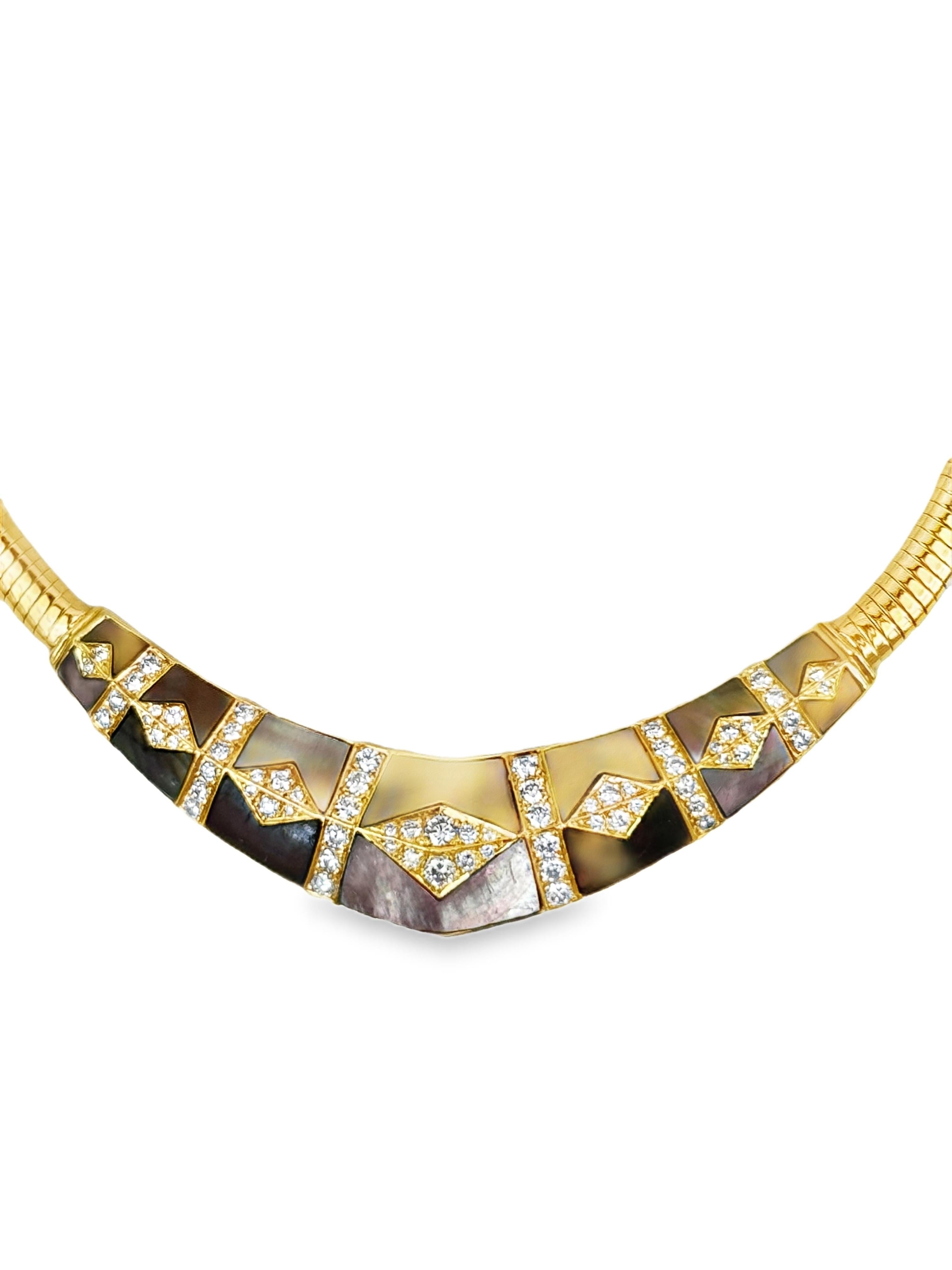 Signed Gem Lok 18K Tubogas Collar Necklace, Diamonds & Brown Mother-of-Pearl Mos In Excellent Condition For Sale In Miami, FL