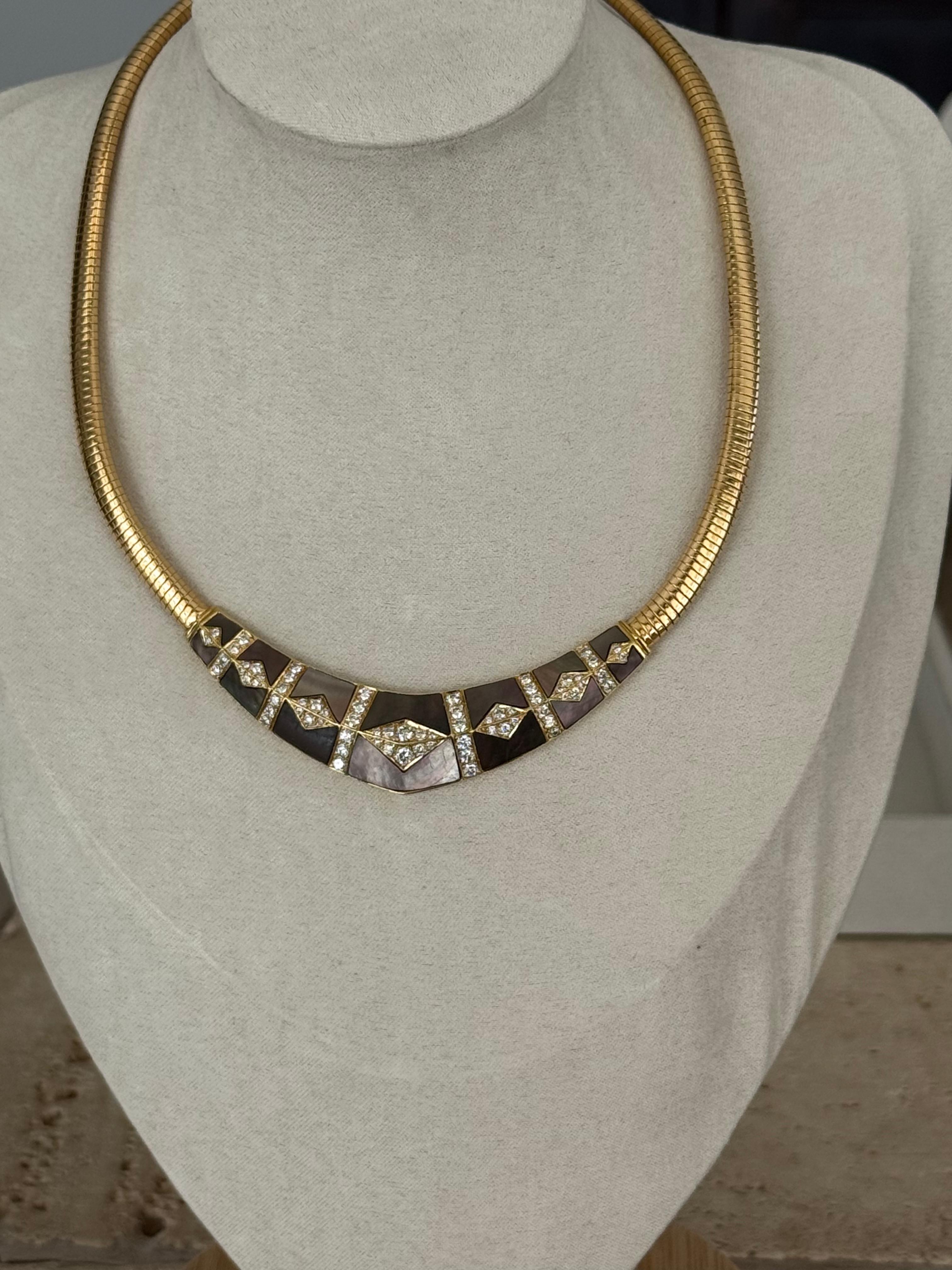 Women's Signed Gem Lok 18K Tubogas Collar Necklace, Diamonds & Brown Mother-of-Pearl Mos For Sale