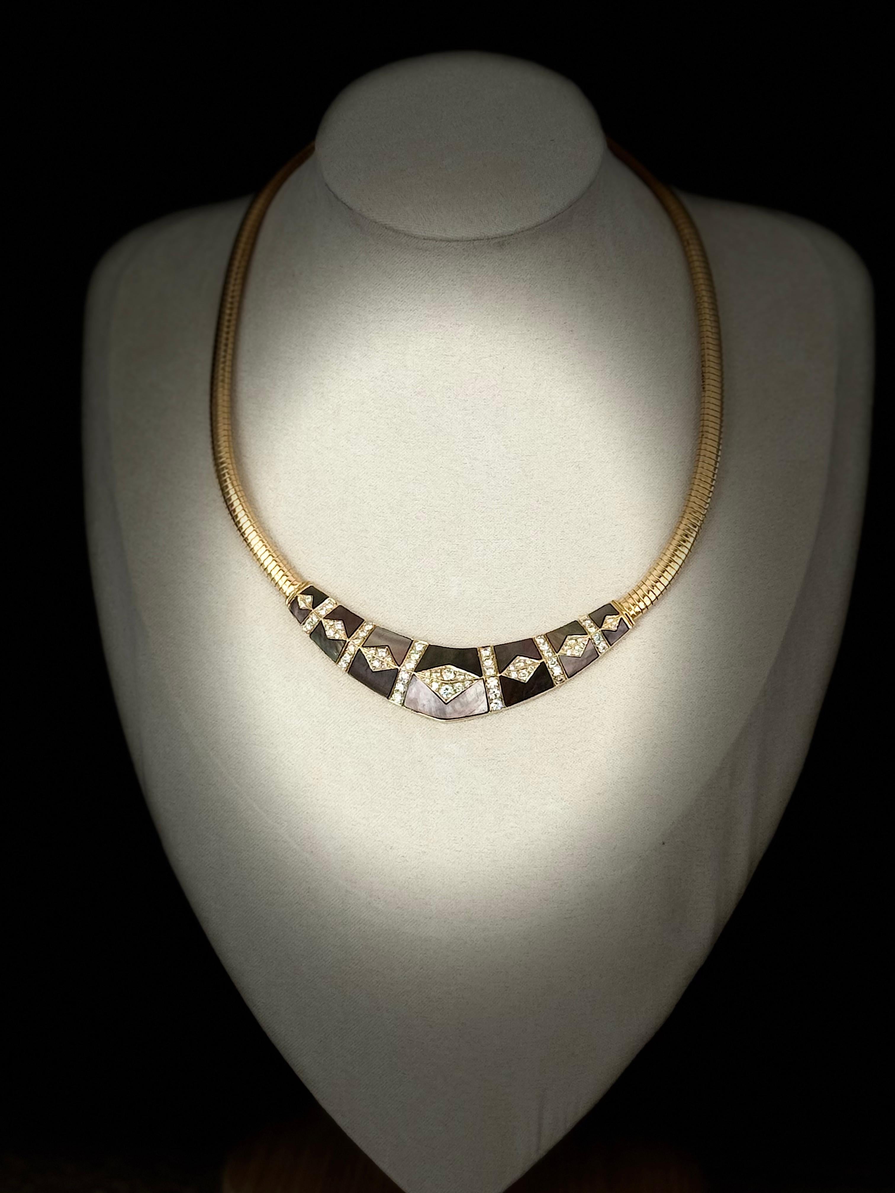 Signed Gem Lok 18K Tubogas Collar Necklace, Diamonds & Brown Mother-of-Pearl Mos For Sale 1