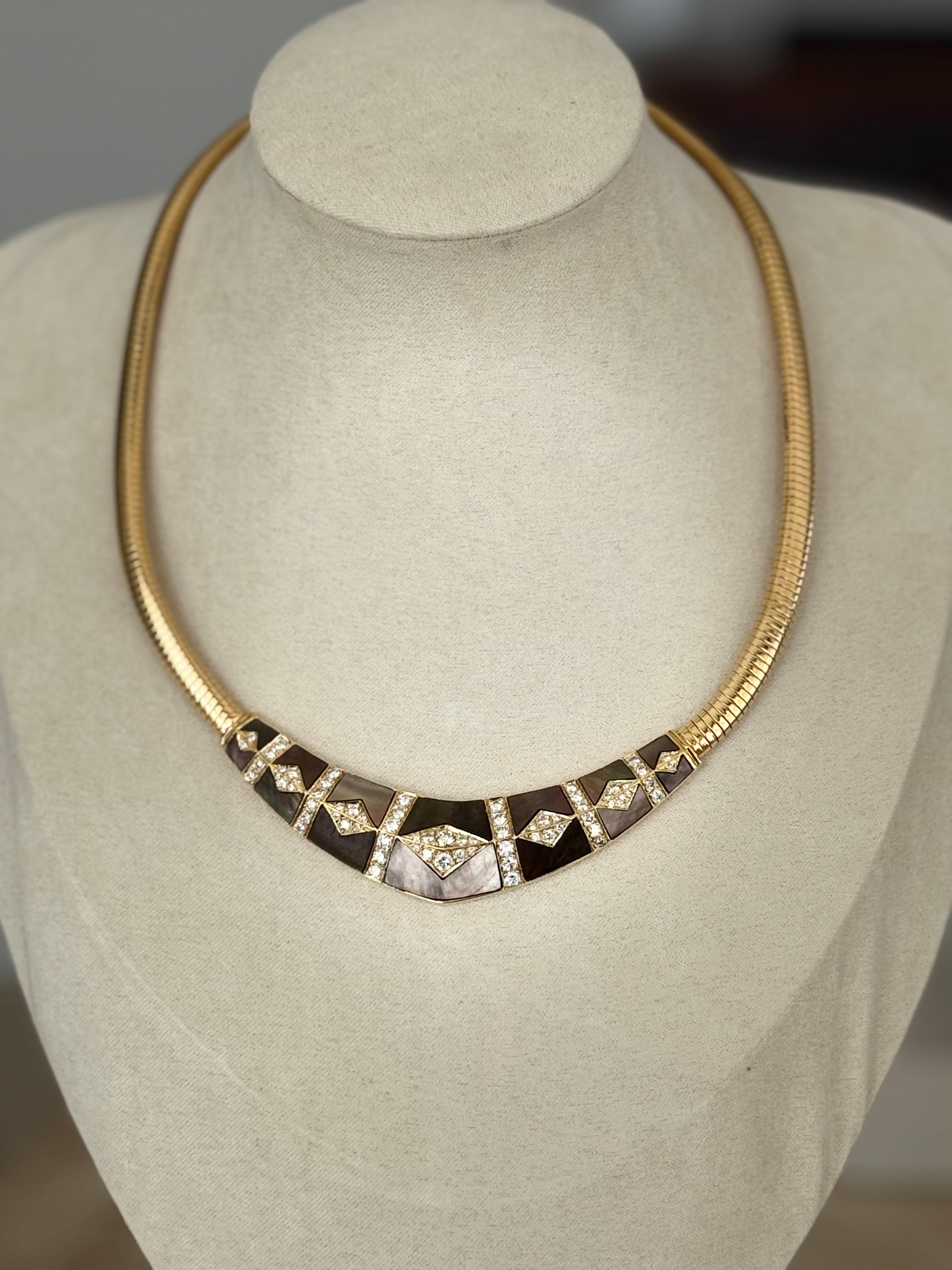Signed Gem Lok 18K Tubogas Collar Necklace, Diamonds & Brown Mother-of-Pearl Mos For Sale 2
