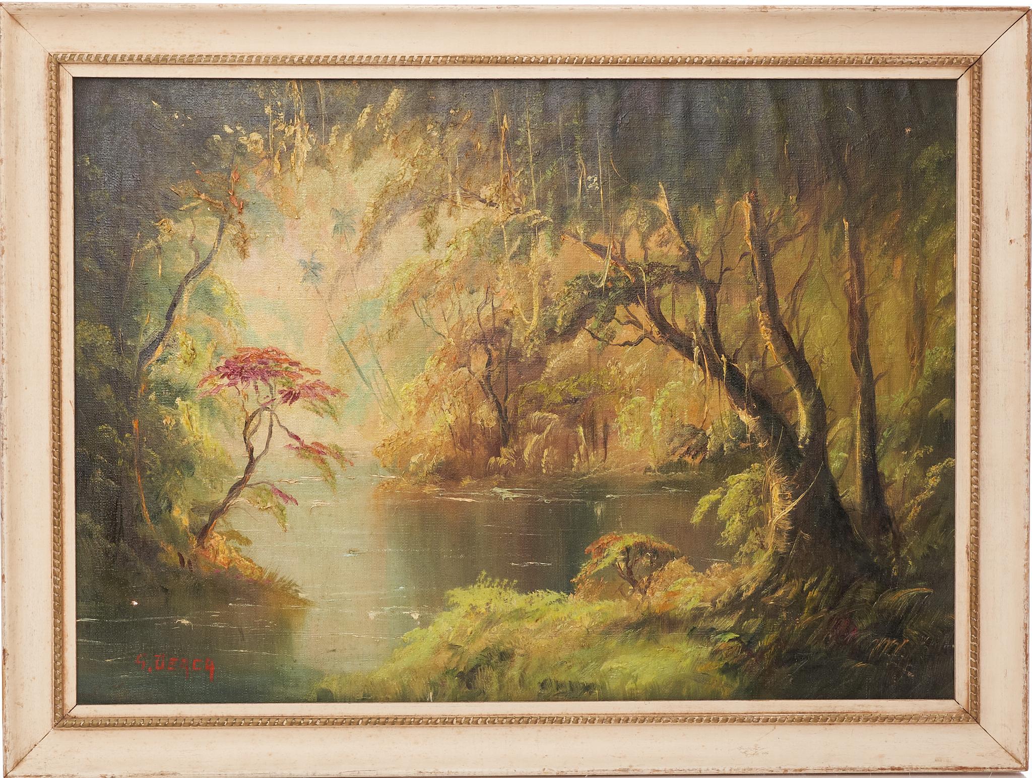 Signed G. Deaca, river landscape oil painting on canvas Mid-20th Century. Signed G Deaca in lower left. Framed in vintage moulding.