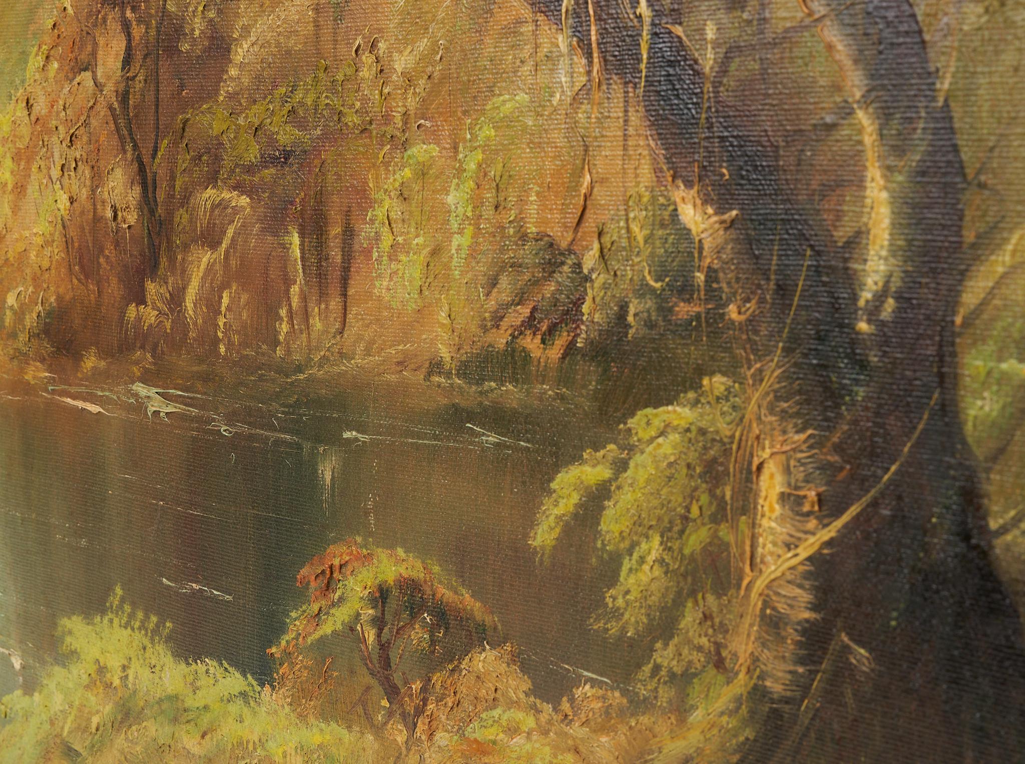 20th Century Signed George Deaca River Landscape Oil on Canvas