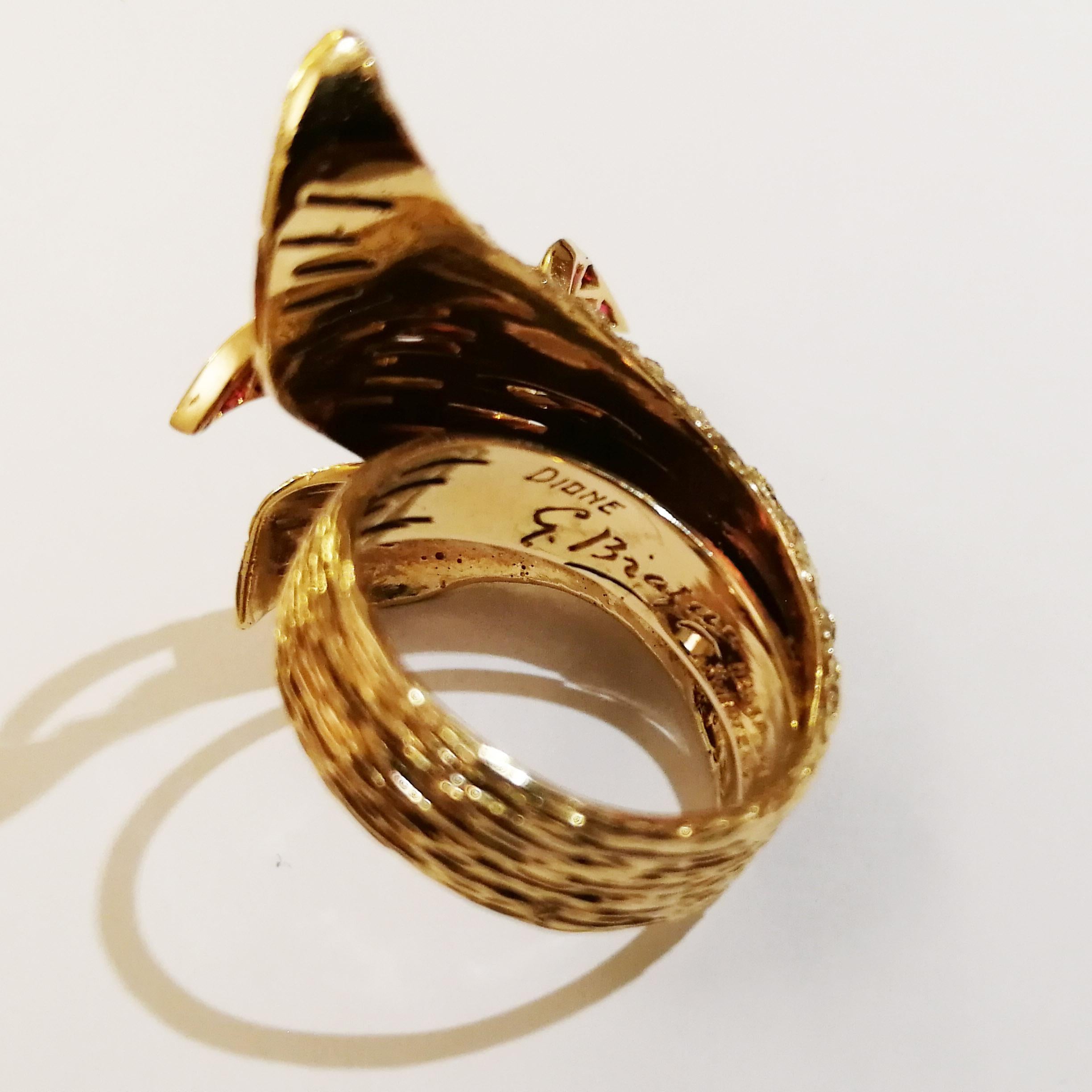 Signed Georges Braque Yellow Gold Ring Set with Baguette Cut Rubies For Sale 1