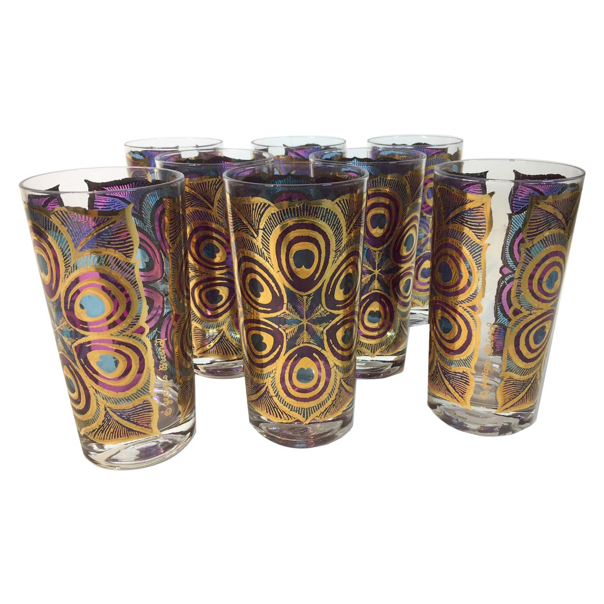 Signed Georges Briard Vintage Highball Glasses in the "Peacock" Pattern