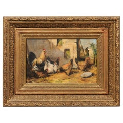 Signed Gérald Leroux 1900s Oil on Panel Painting Depicting Hens and Rooster