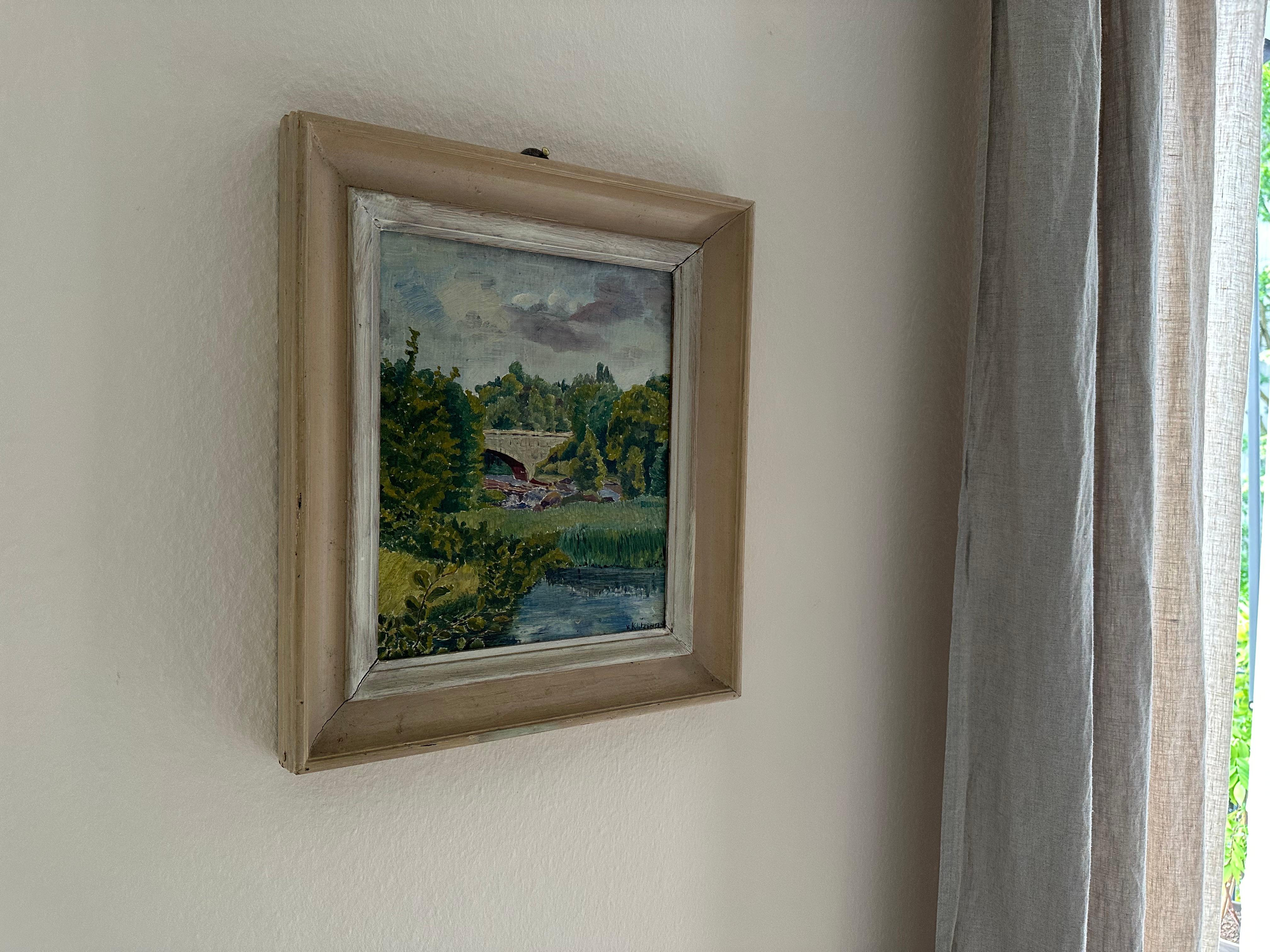 Pittura ad olio impressionista tedesca firmata, 1934 circa - Ponte in un paesaggio lussureggiante in vendita 3