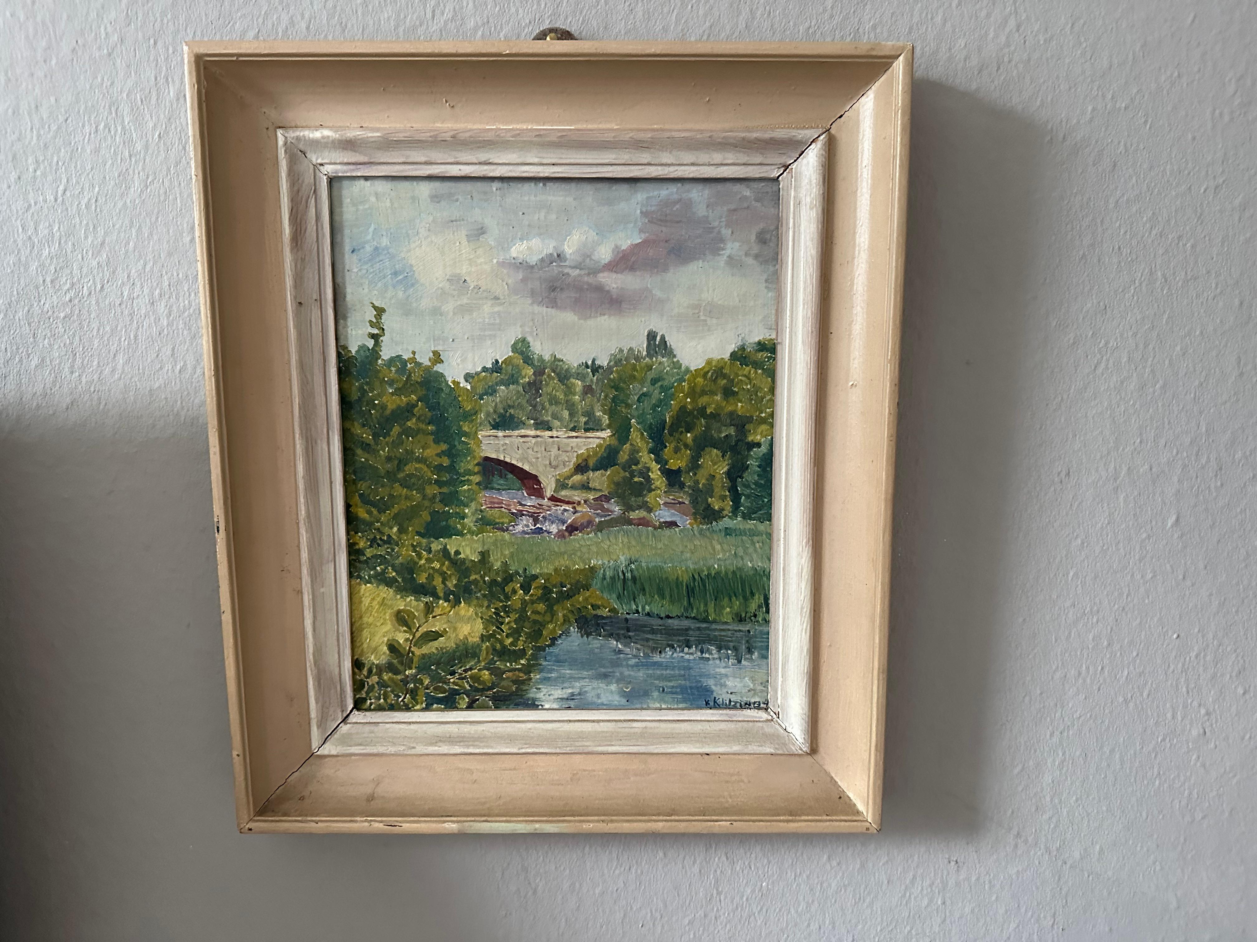 Pittura ad olio impressionista tedesca firmata, 1934 circa - Ponte in un paesaggio lussureggiante in vendita 5