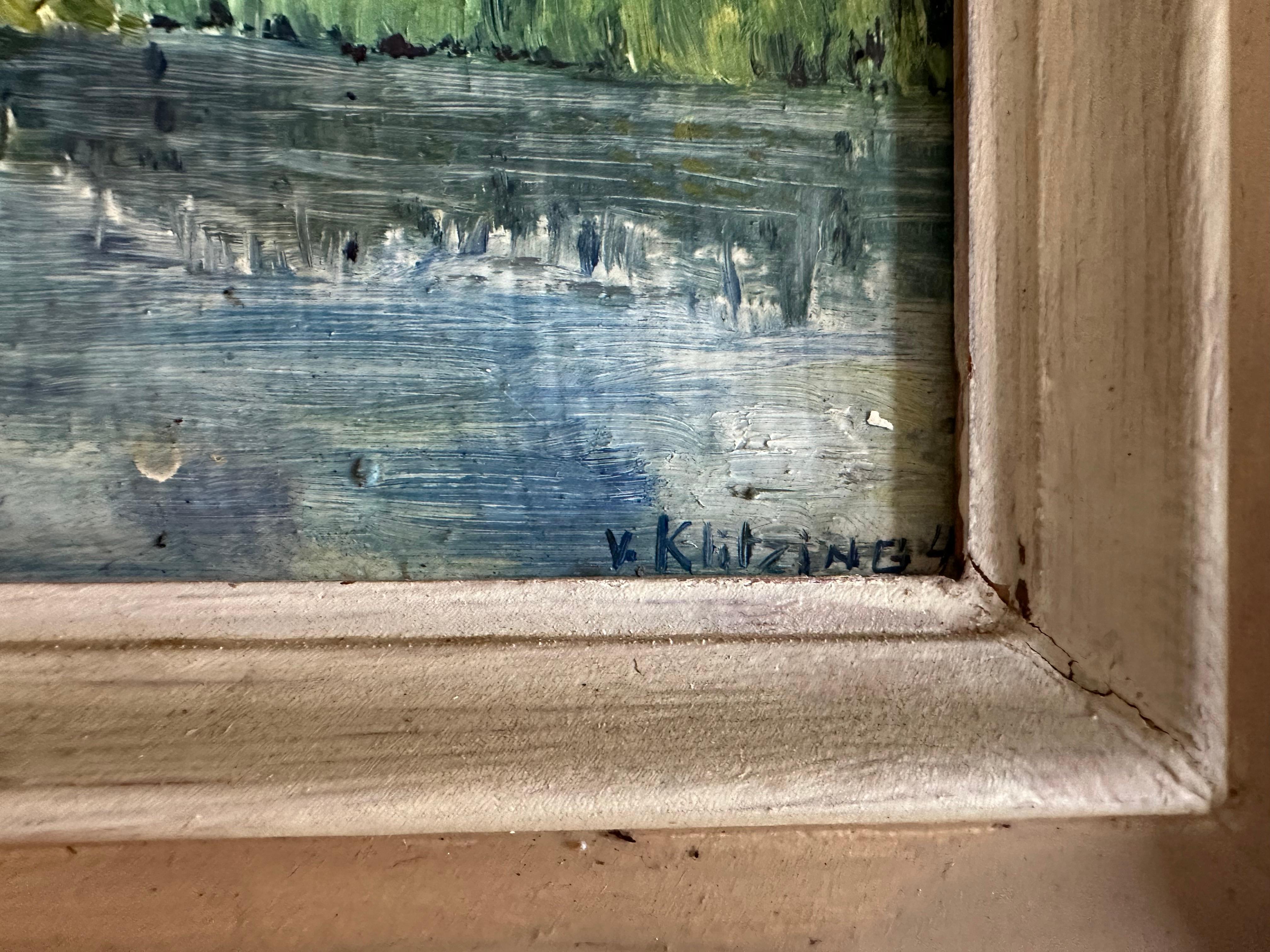 Tedesco Pittura ad olio impressionista tedesca firmata, 1934 circa - Ponte in un paesaggio lussureggiante in vendita