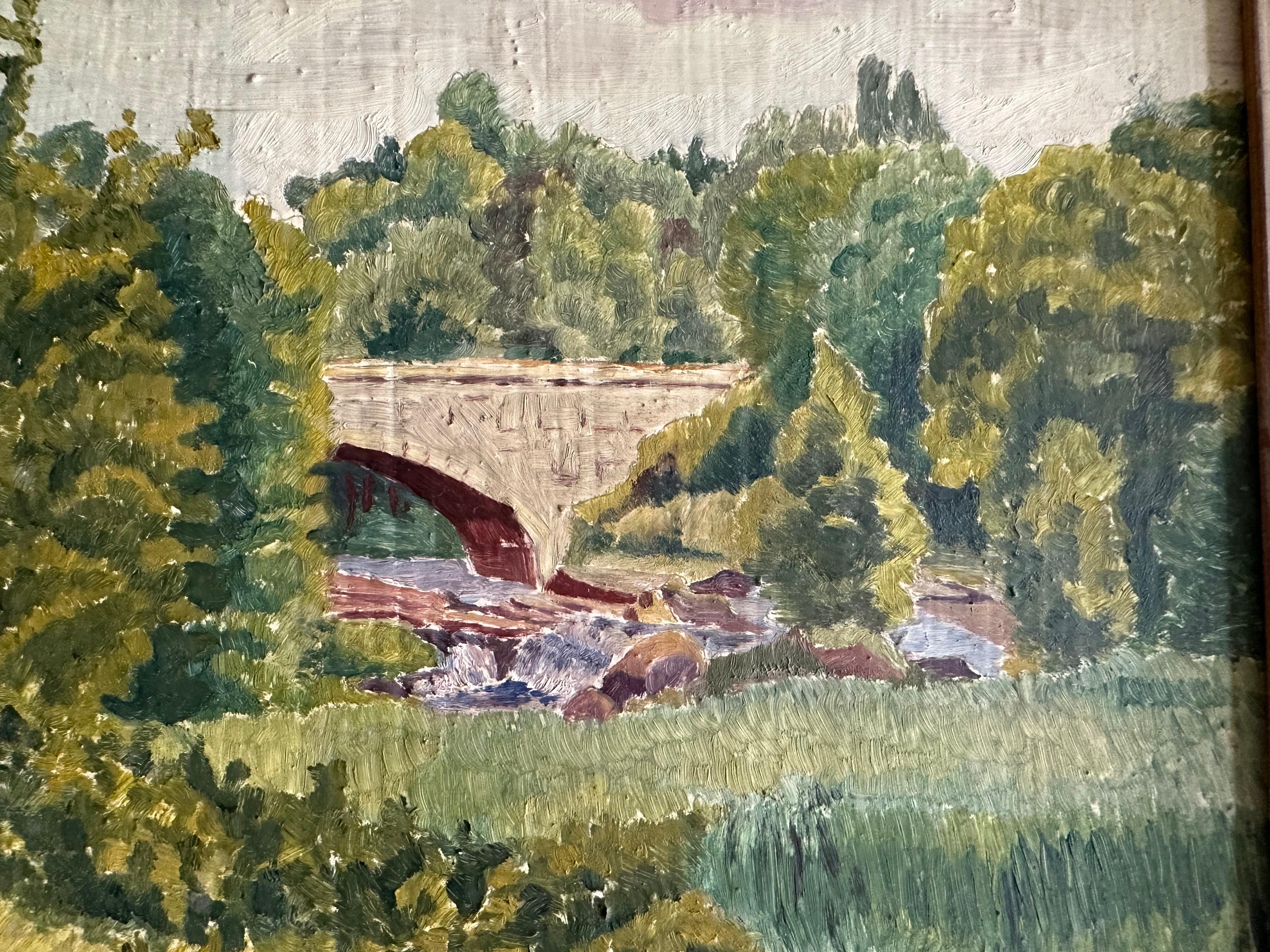 Pittura ad olio impressionista tedesca firmata, 1934 circa - Ponte in un paesaggio lussureggiante In condizioni buone in vendita a Hamburg, DE