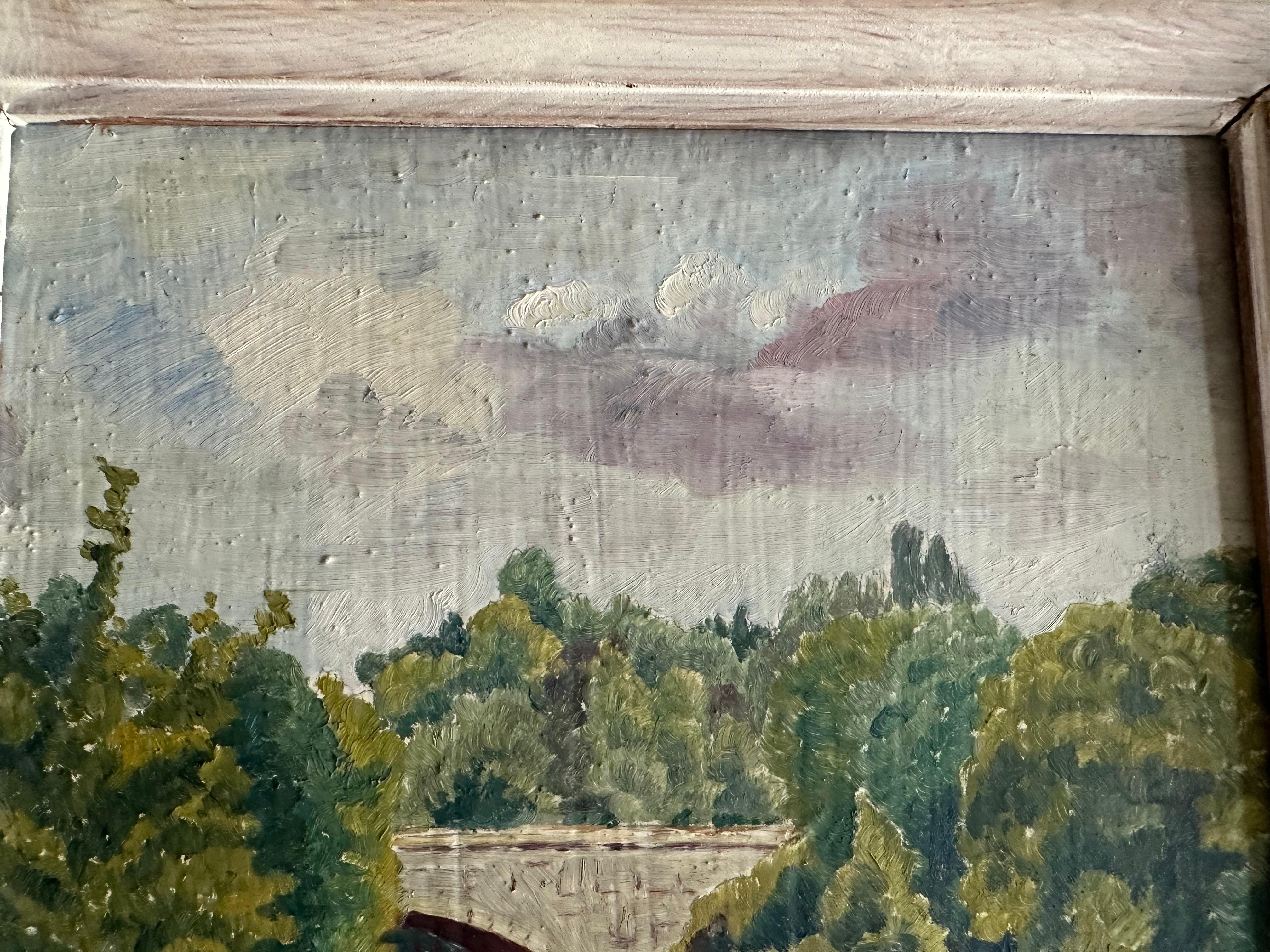 Metà XX secolo Pittura ad olio impressionista tedesca firmata, 1934 circa - Ponte in un paesaggio lussureggiante in vendita