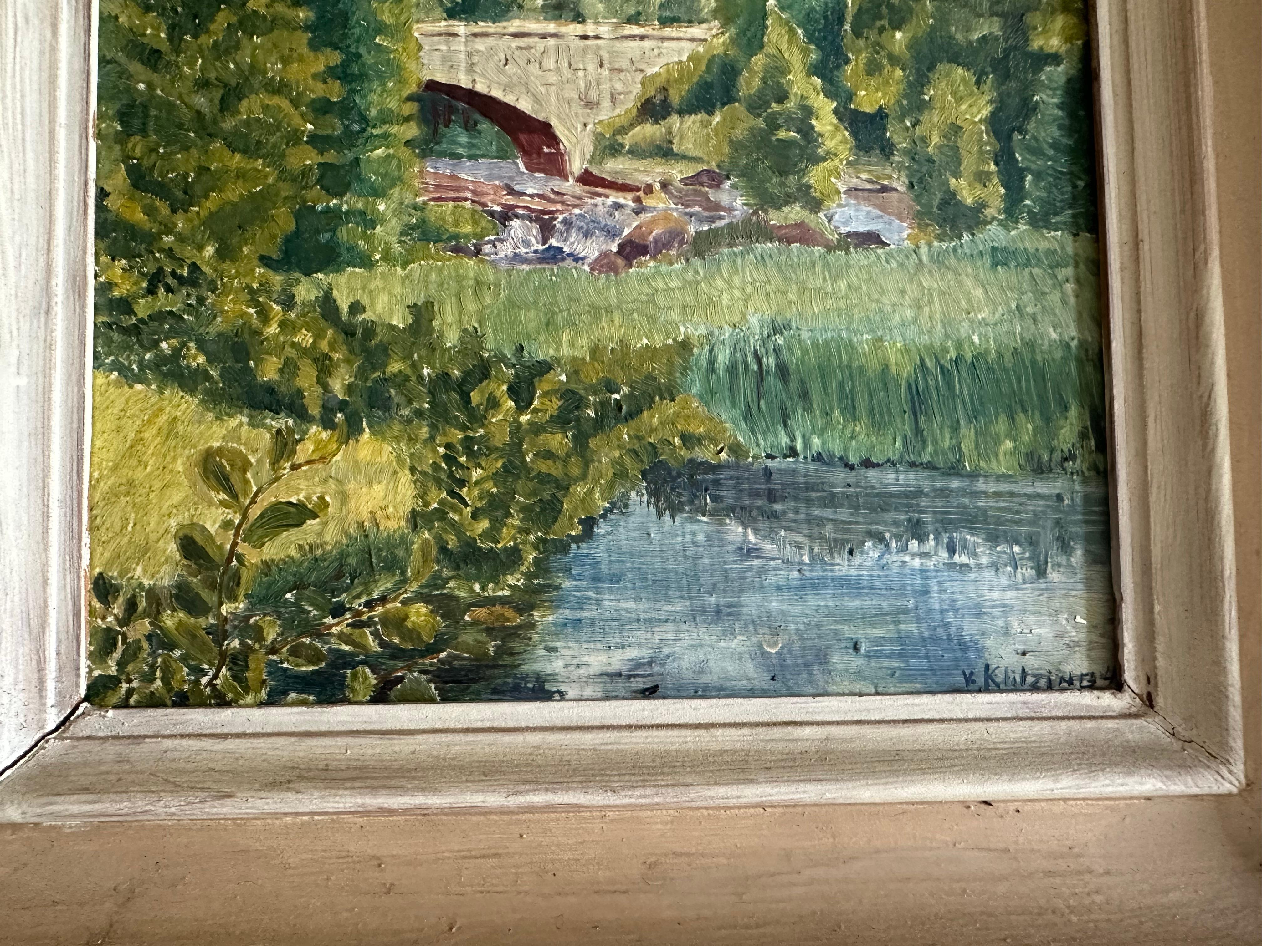 Tela Pittura ad olio impressionista tedesca firmata, 1934 circa - Ponte in un paesaggio lussureggiante in vendita