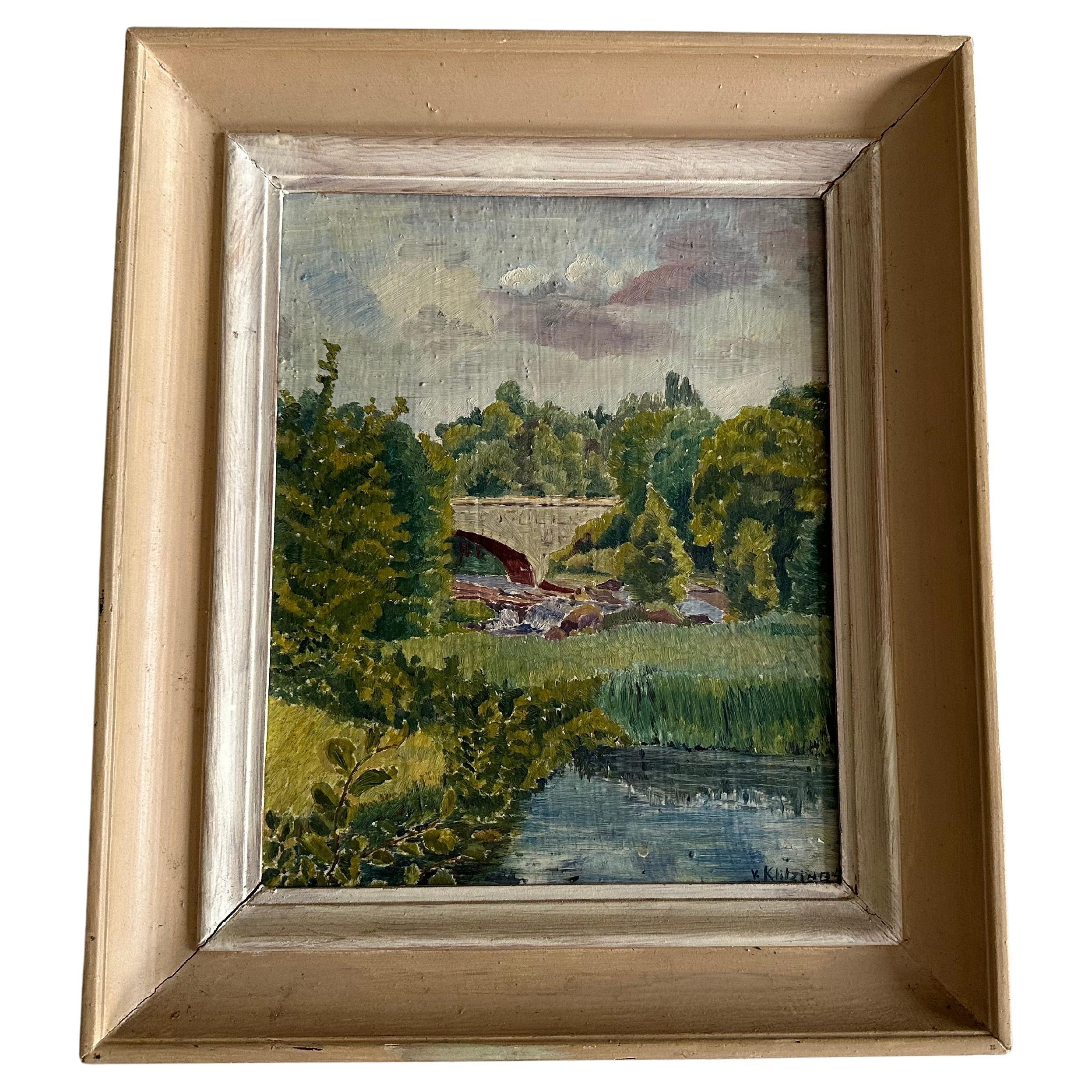 Pittura ad olio impressionista tedesca firmata, 1934 circa - Ponte in un paesaggio lussureggiante in vendita