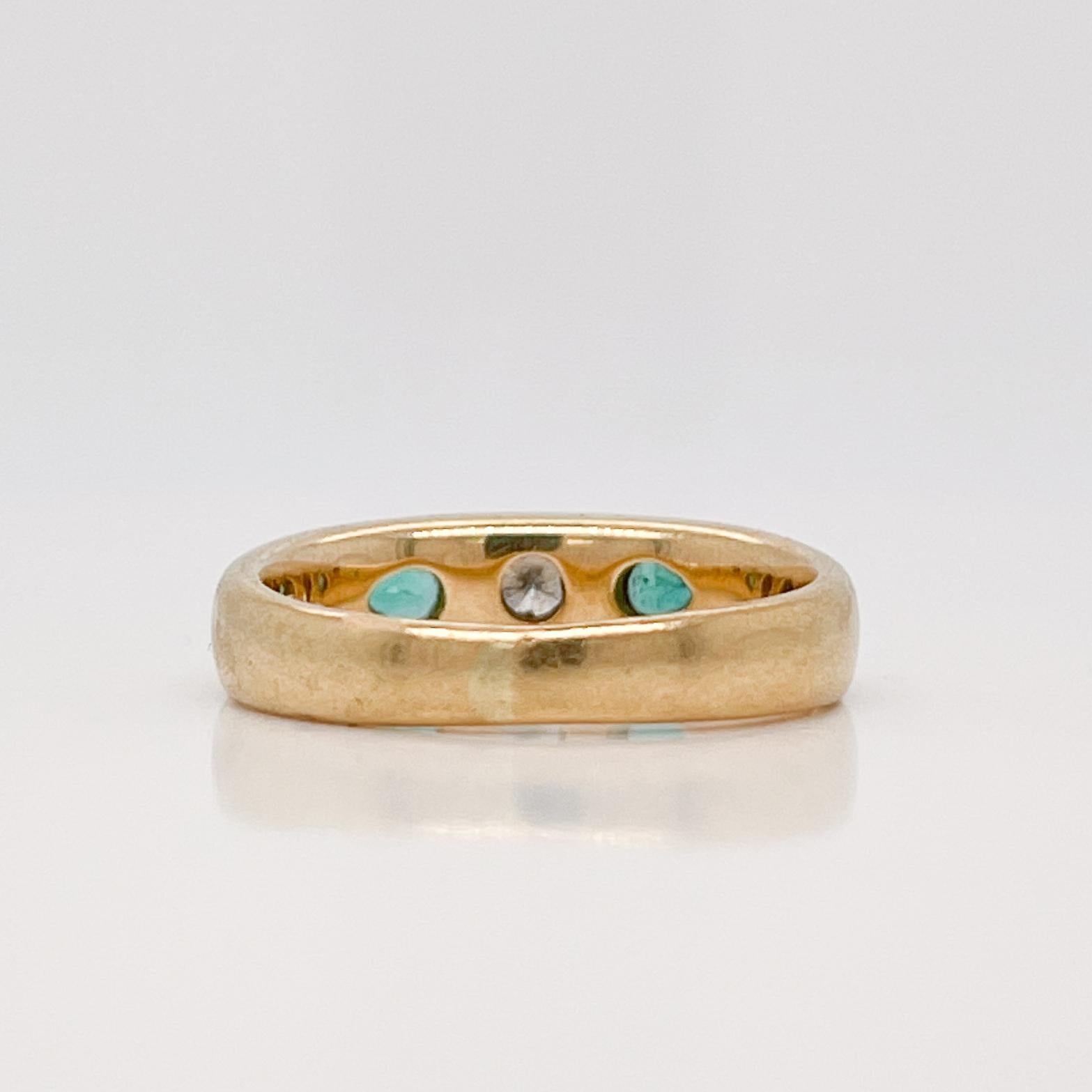 Signed German Modernist 18 Karat Gold, Emerald & Diamond 3-Stone Gypsy Ring 6