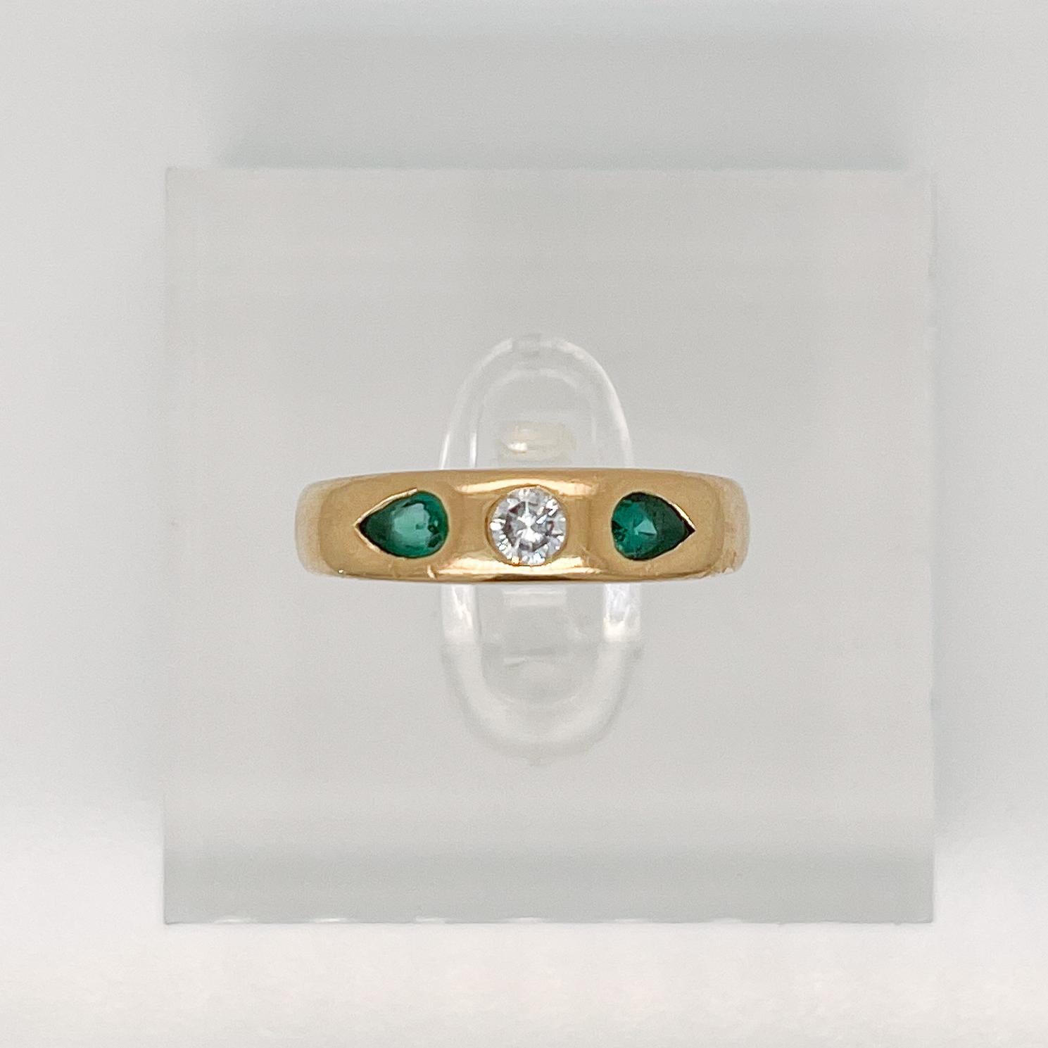 Signed German Modernist 18 Karat Gold, Emerald & Diamond 3-Stone Gypsy Ring 8