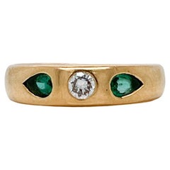 Signed German Modernist 18 Karat Gold, Emerald & Diamond 3-Stone Gypsy Ring