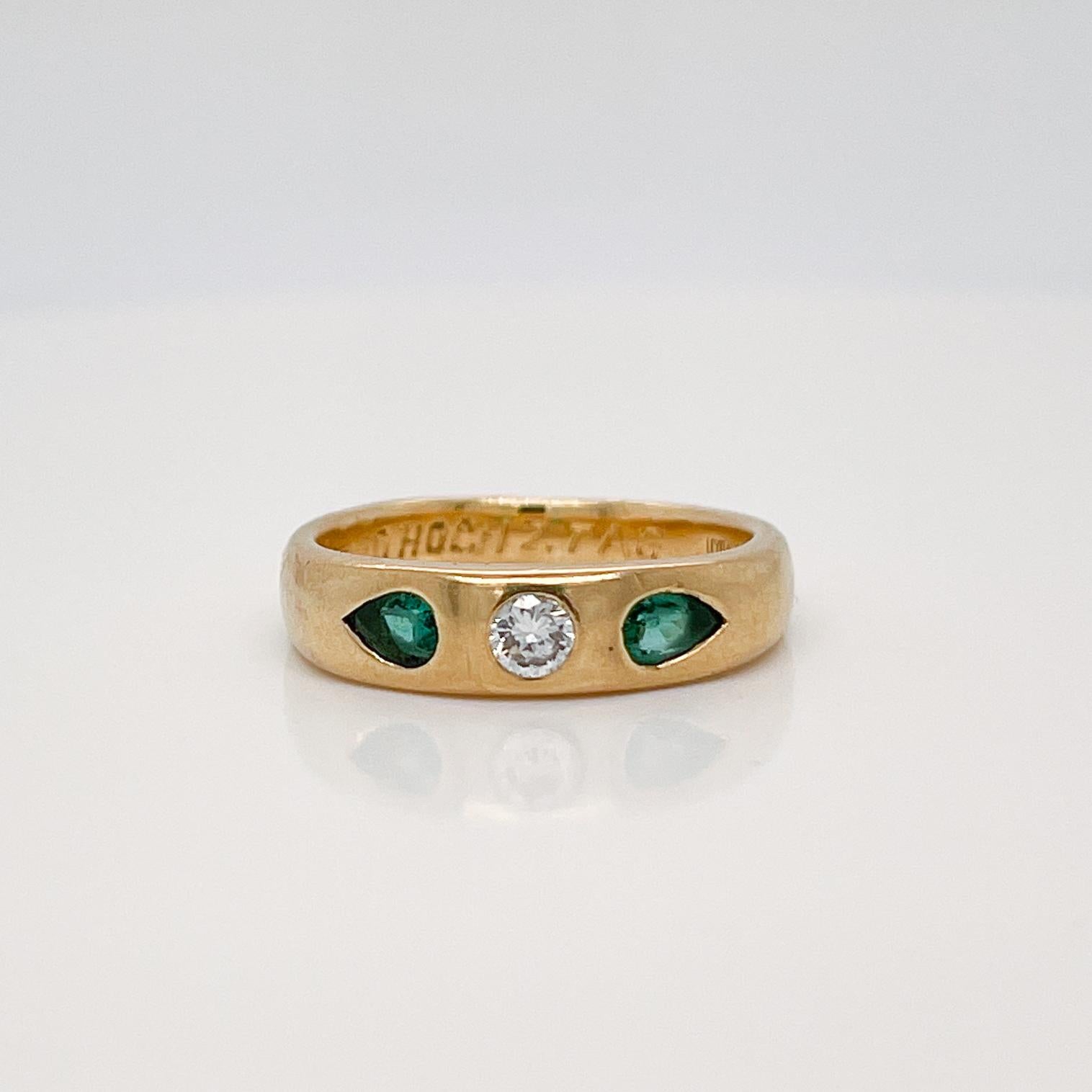 Round Cut Signed German Modernist 18 Karat Gold, Emerald & Diamond 3-Stone Gypsy Ring