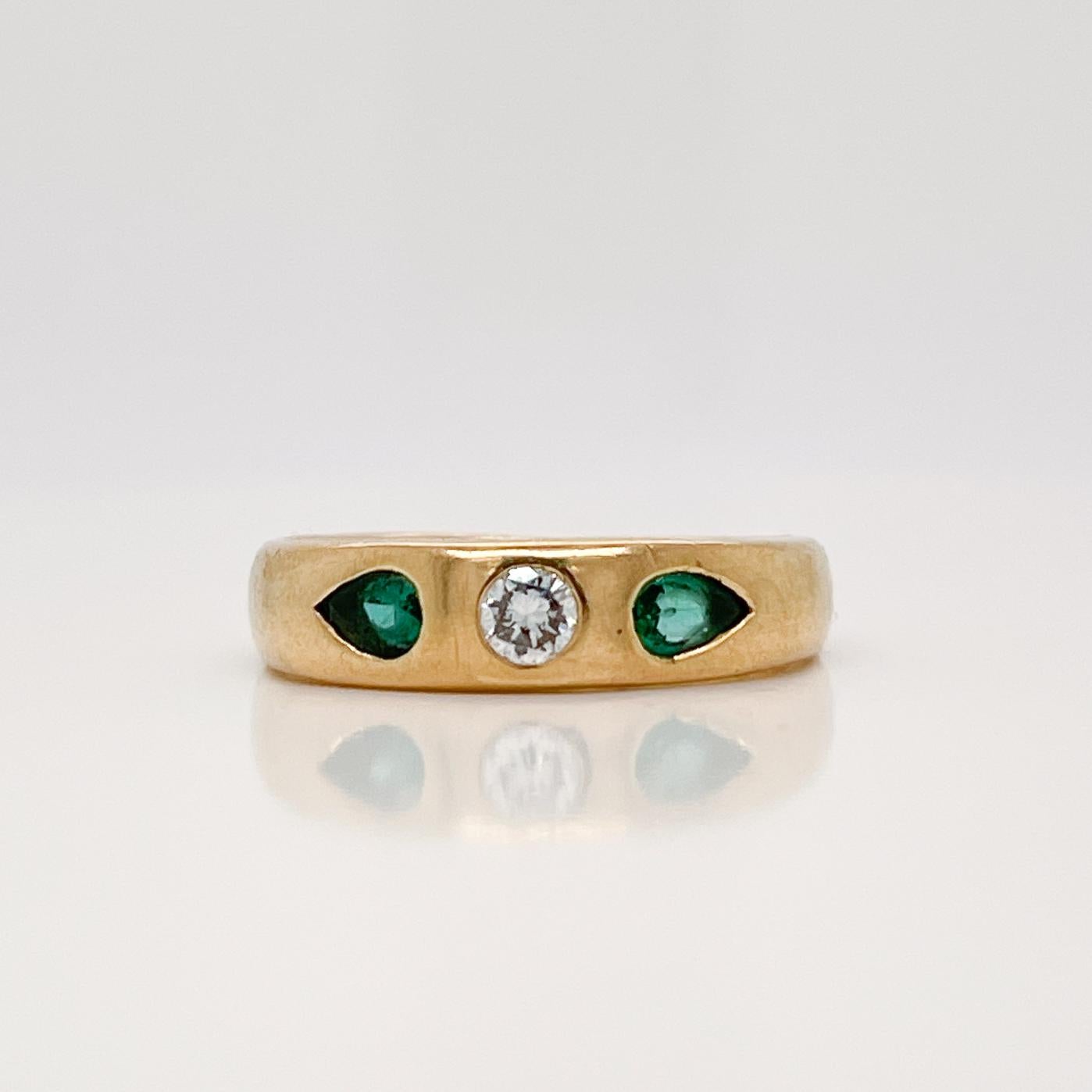 Signed German Modernist 18 Karat Gold, Emerald & Diamond 3-Stone Gypsy Ring In Good Condition In Philadelphia, PA