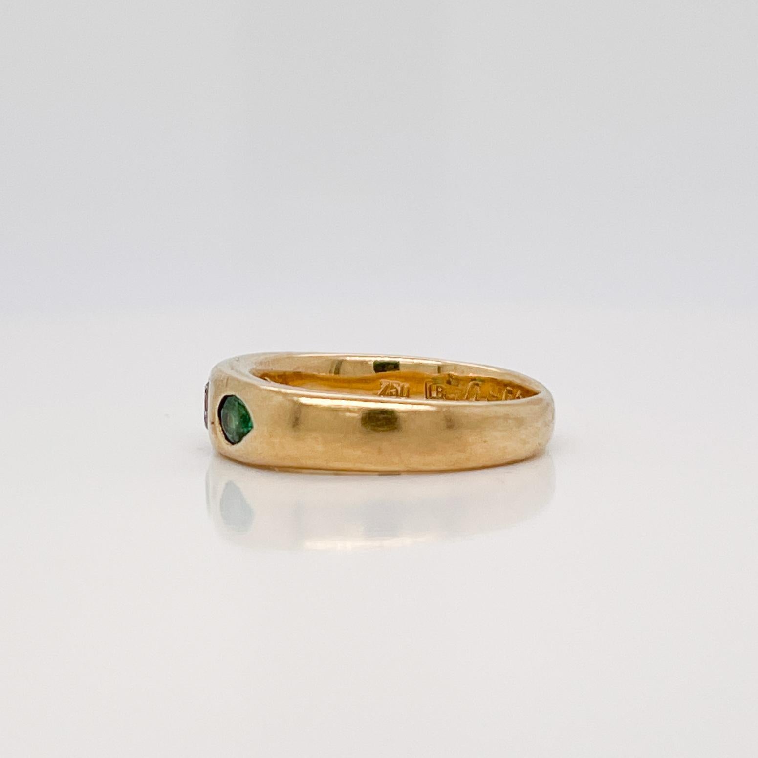 Women's Signed German Modernist 18 Karat Gold, Emerald & Diamond 3-Stone Gypsy Ring