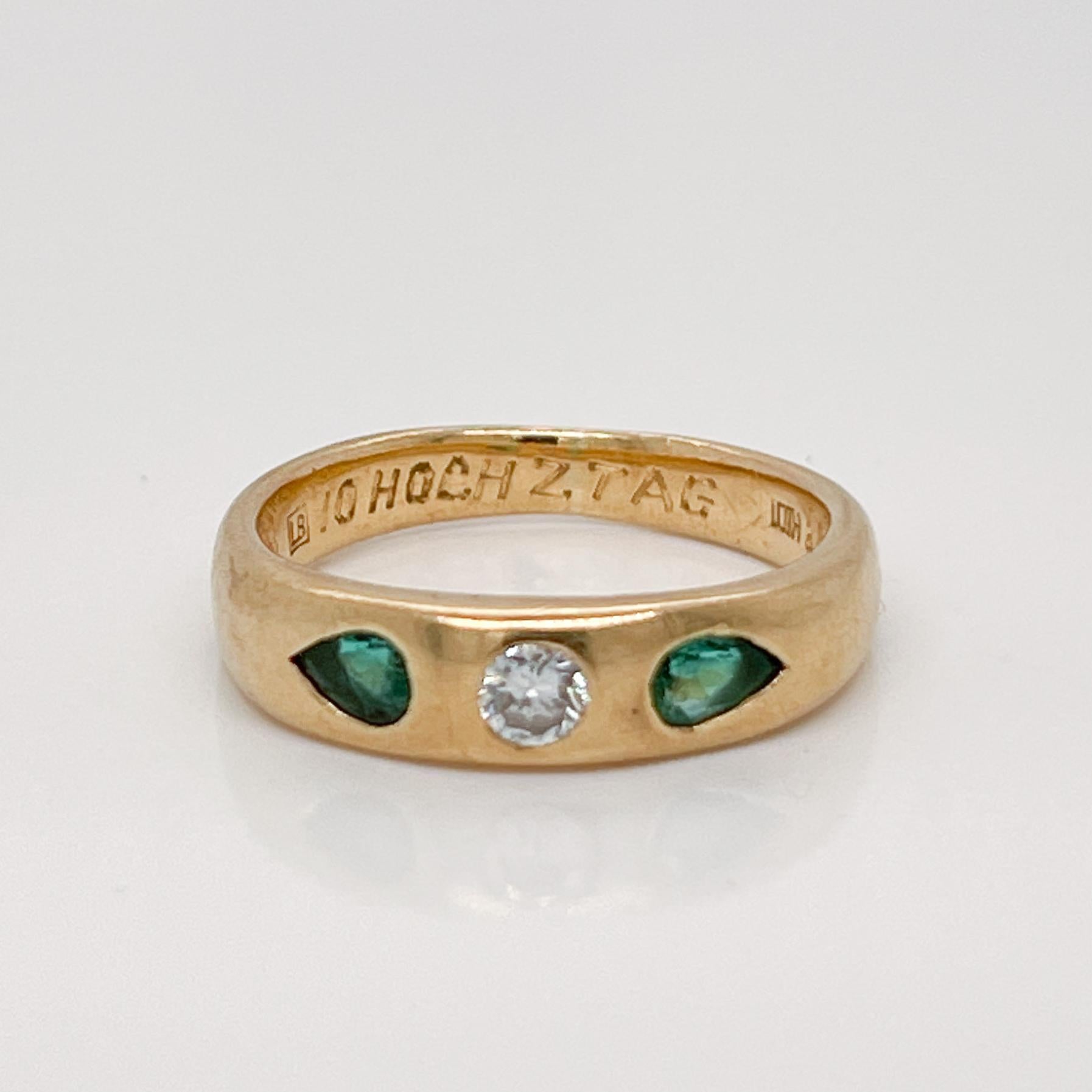 Signed German Modernist 18 Karat Gold, Emerald & Diamond 3-Stone Gypsy Ring 2