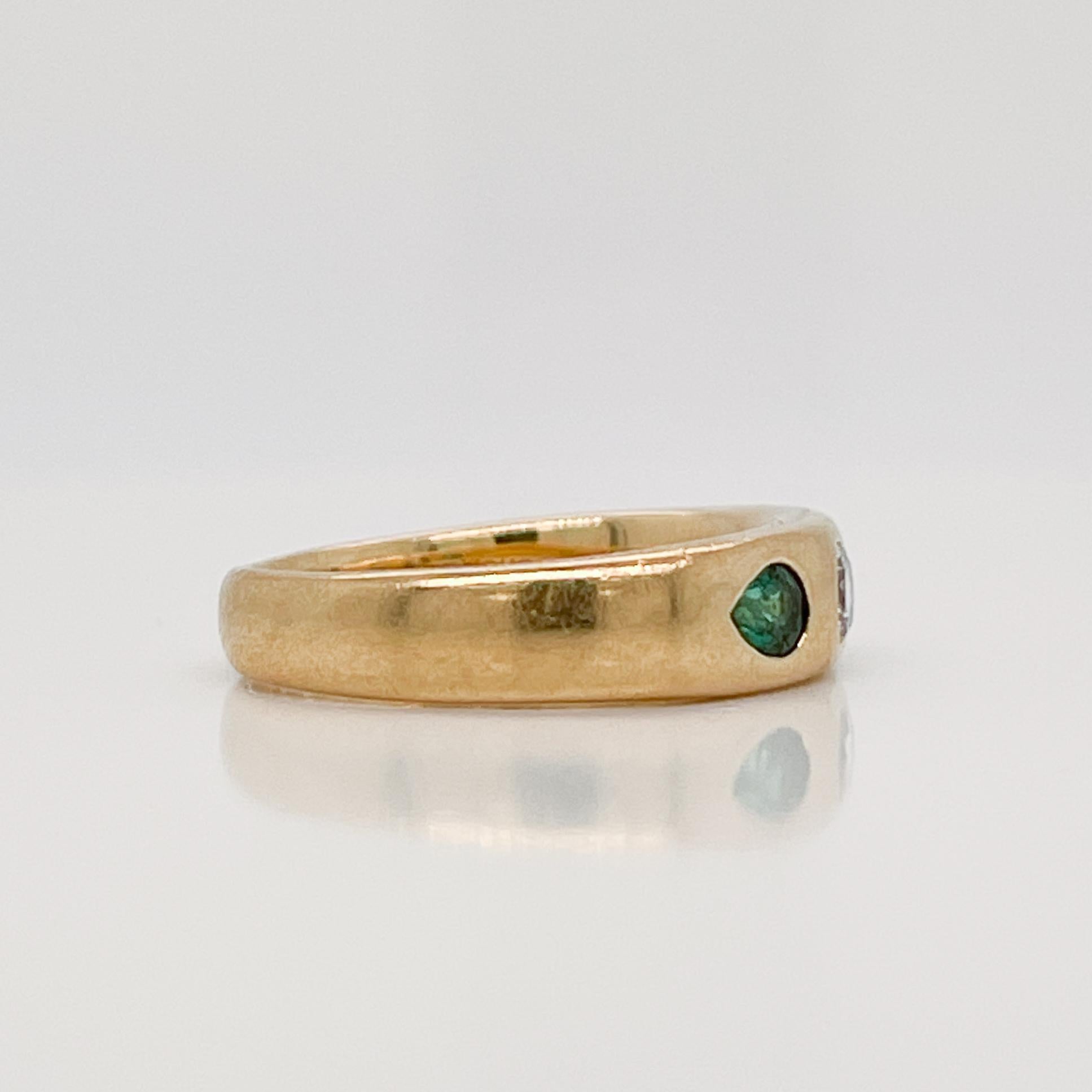 Signed German Modernist 18 Karat Gold, Emerald & Diamond 3-Stone Gypsy Ring 4