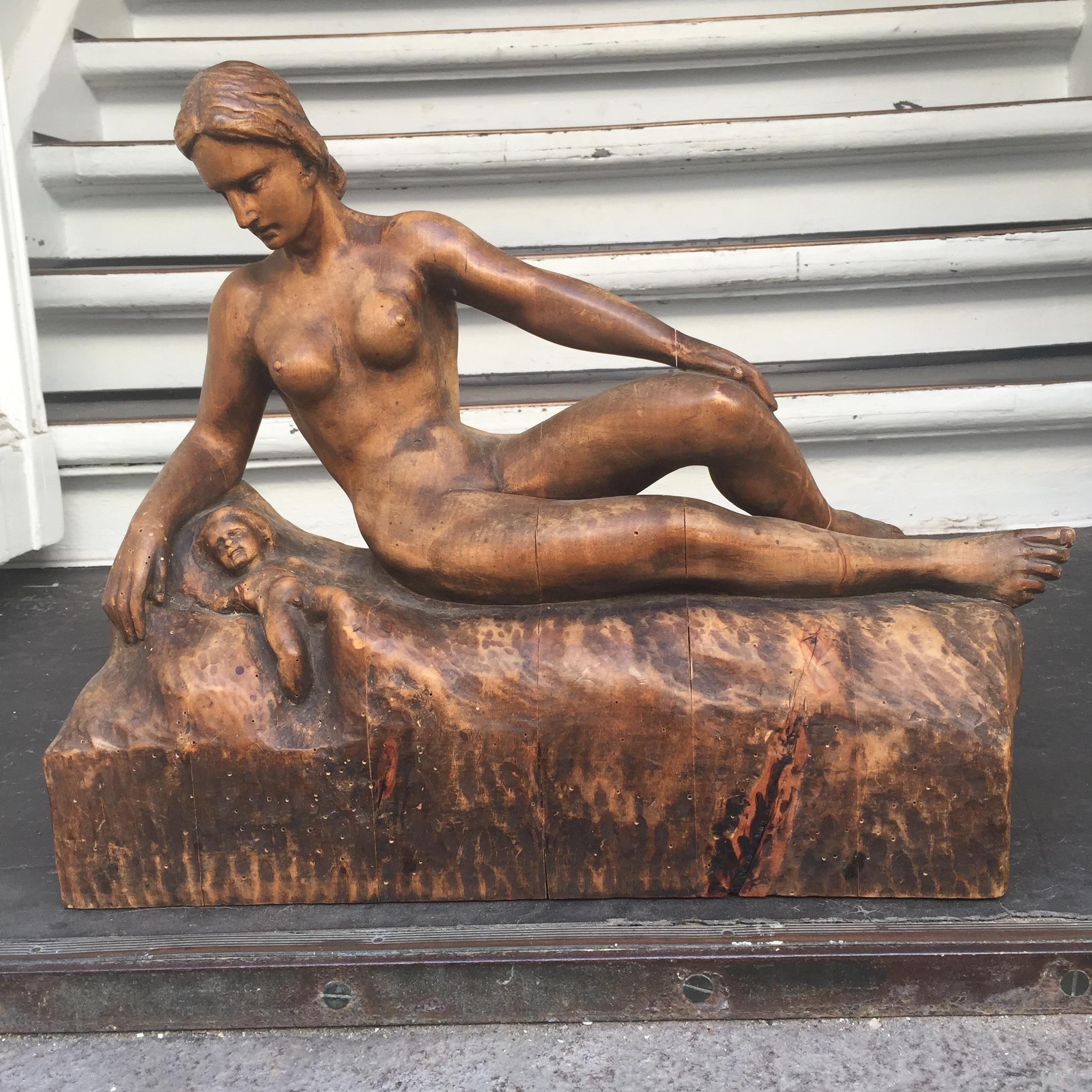 Signed German Wooden Sculpture of a Mother And Her Child, 