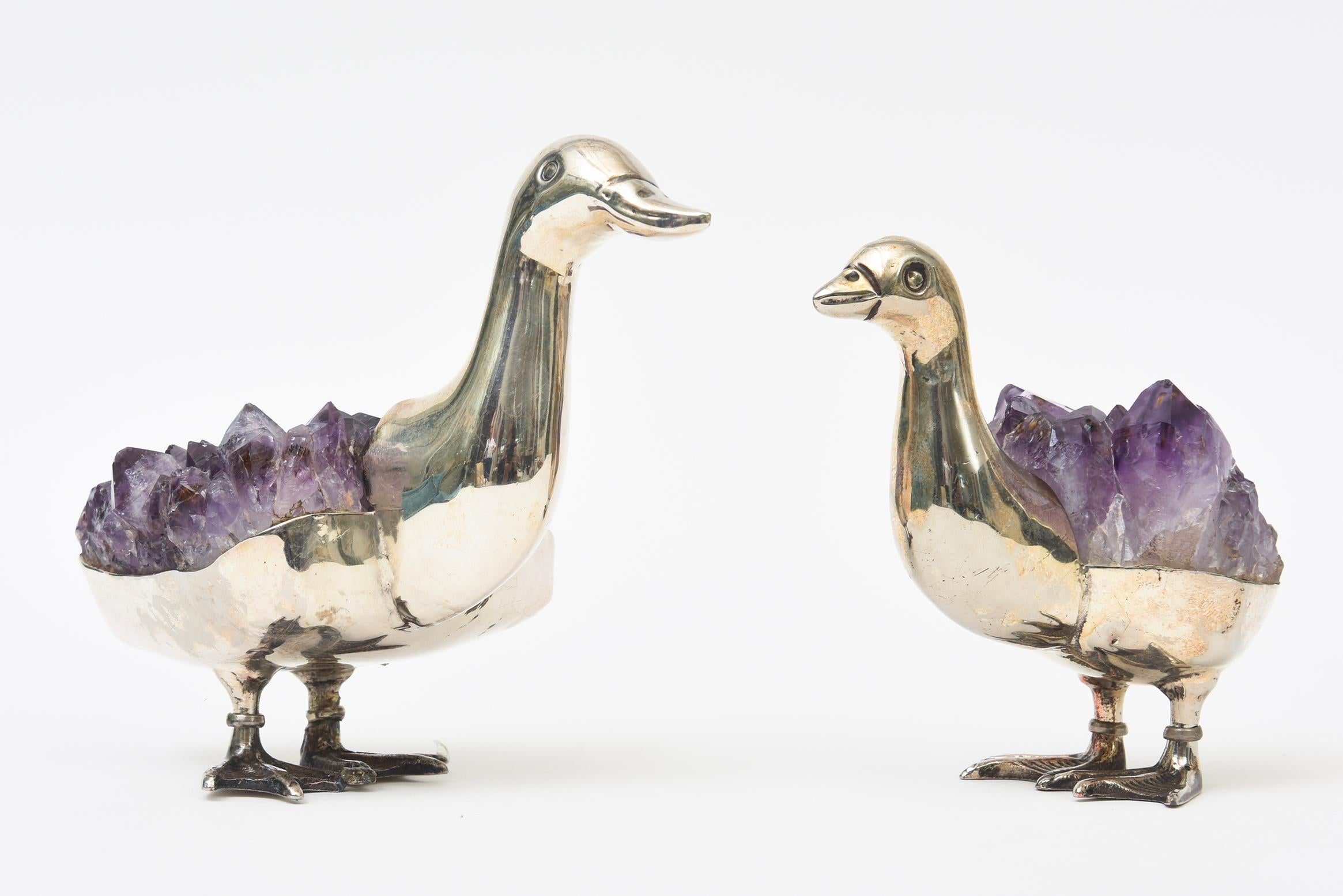 Signed Gerson Silver-Plate and Amethyst Duck Sculptures and Objects Pair Of For Sale 5