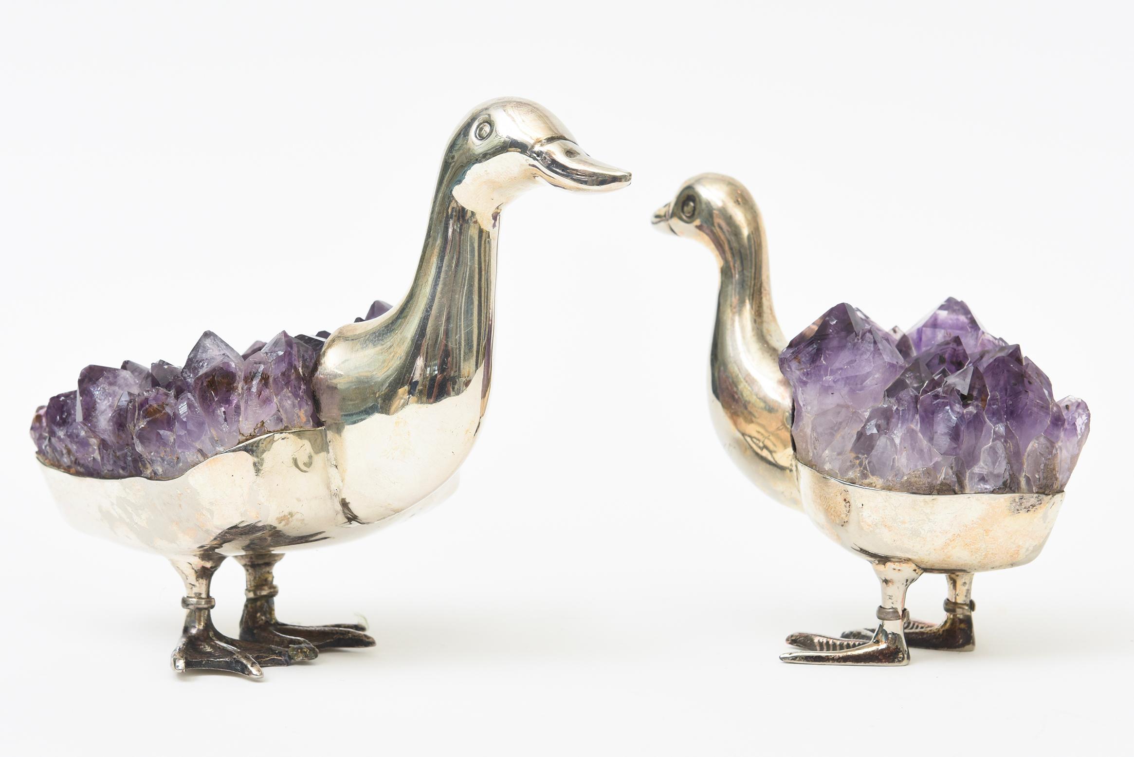 Modern Signed Gerson Silver-Plate and Amethyst Duck Sculptures and Objects Pair Of For Sale