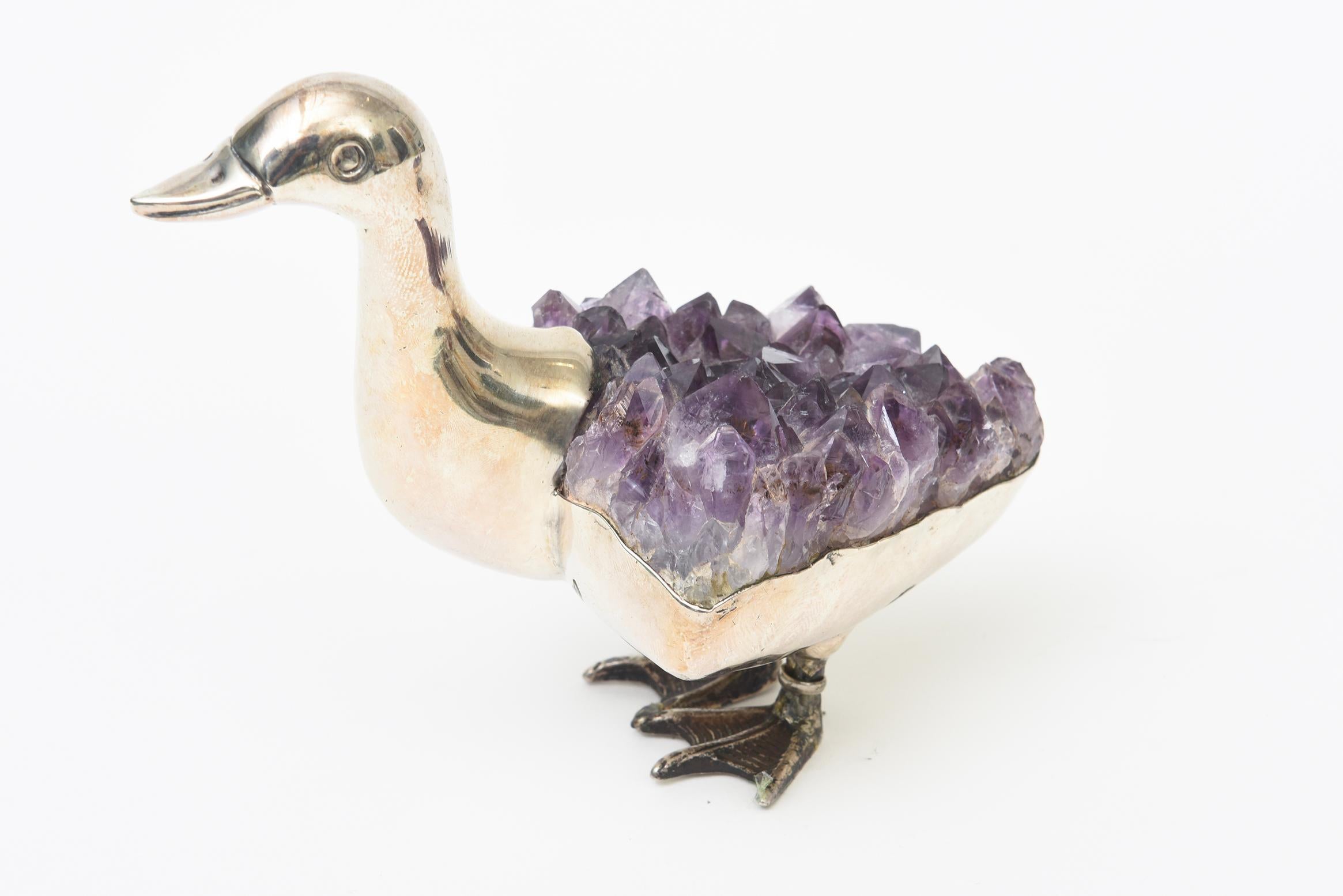 Brazilian Signed Gerson Silver-Plate and Amethyst Duck Sculptures and Objects Pair Of For Sale