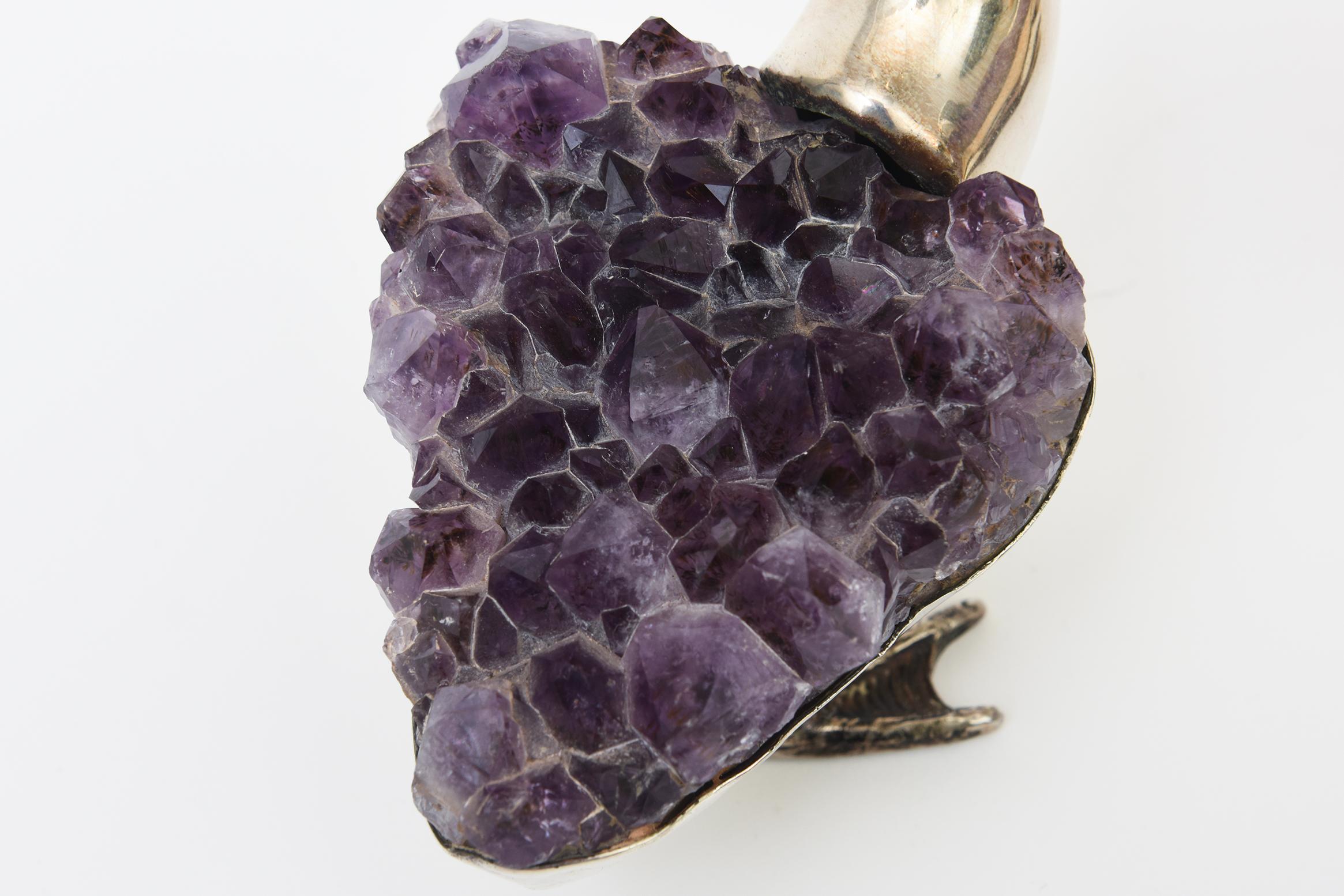 Signed Gerson Silver-Plate and Amethyst Duck Sculptures and Objects Pair Of In Good Condition For Sale In North Miami, FL