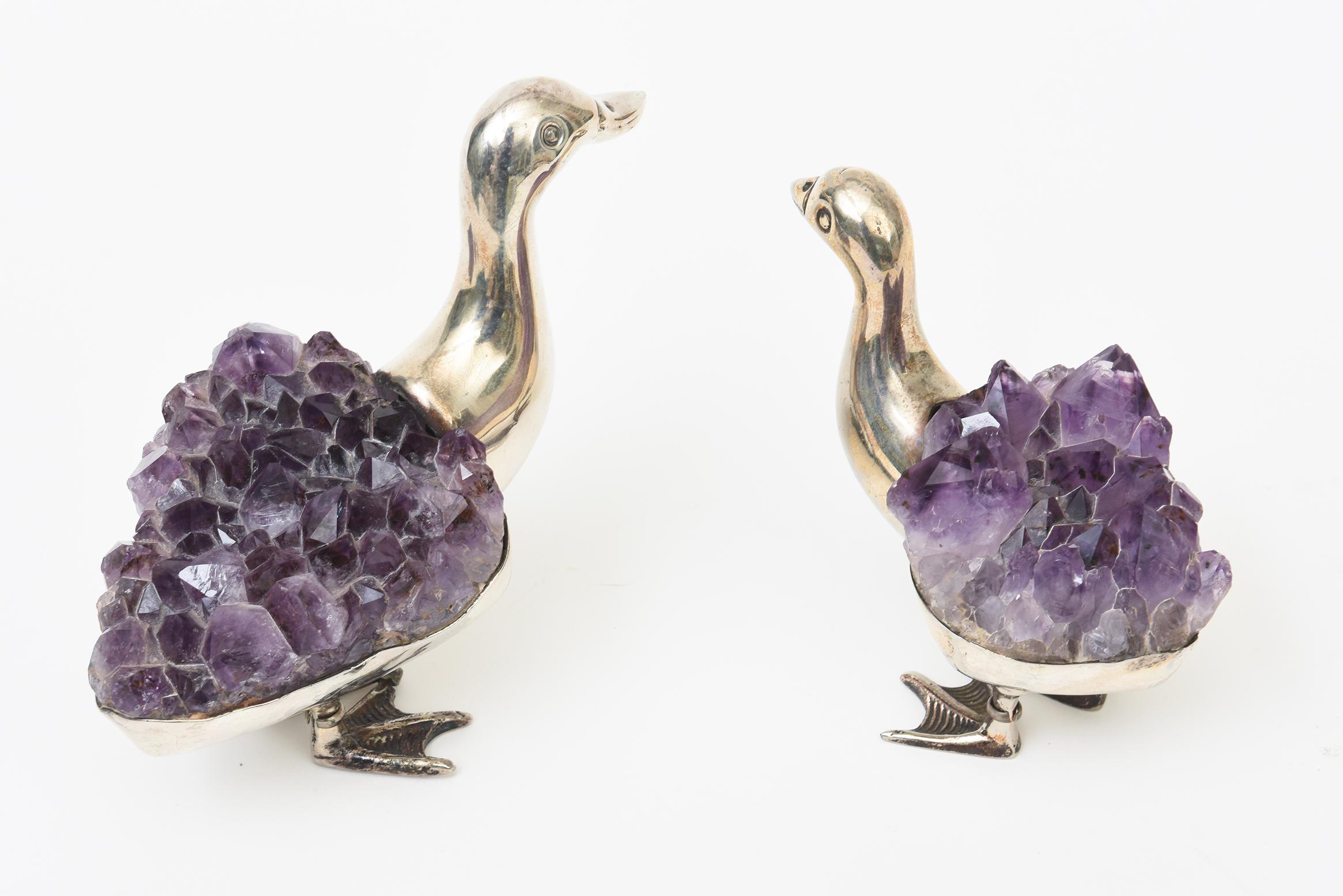 Late 20th Century Signed Gerson Silver-Plate and Amethyst Duck Sculptures and Objects Pair Of For Sale