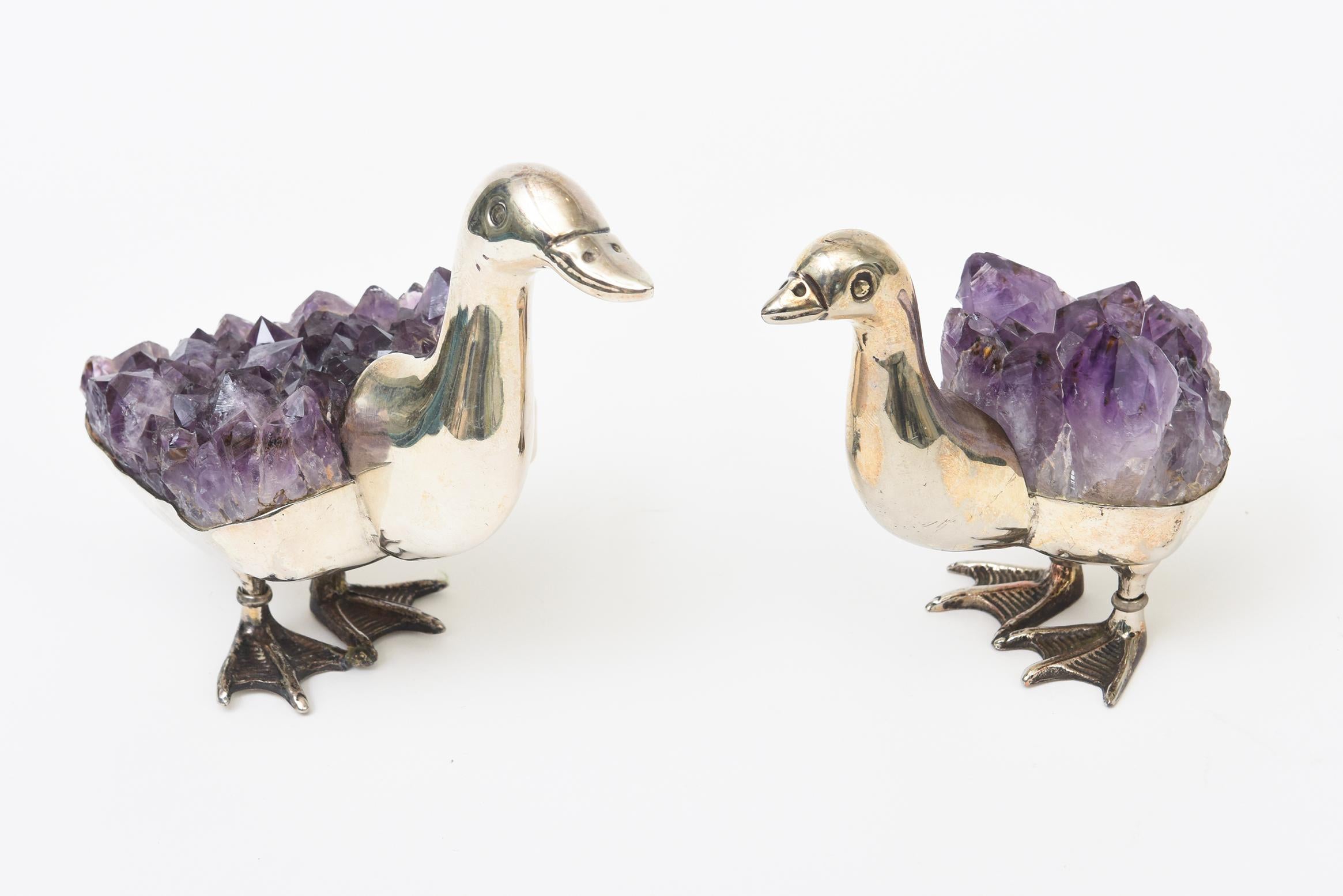 Silver Plate Signed Gerson Silver-Plate and Amethyst Duck Sculptures and Objects Pair Of For Sale