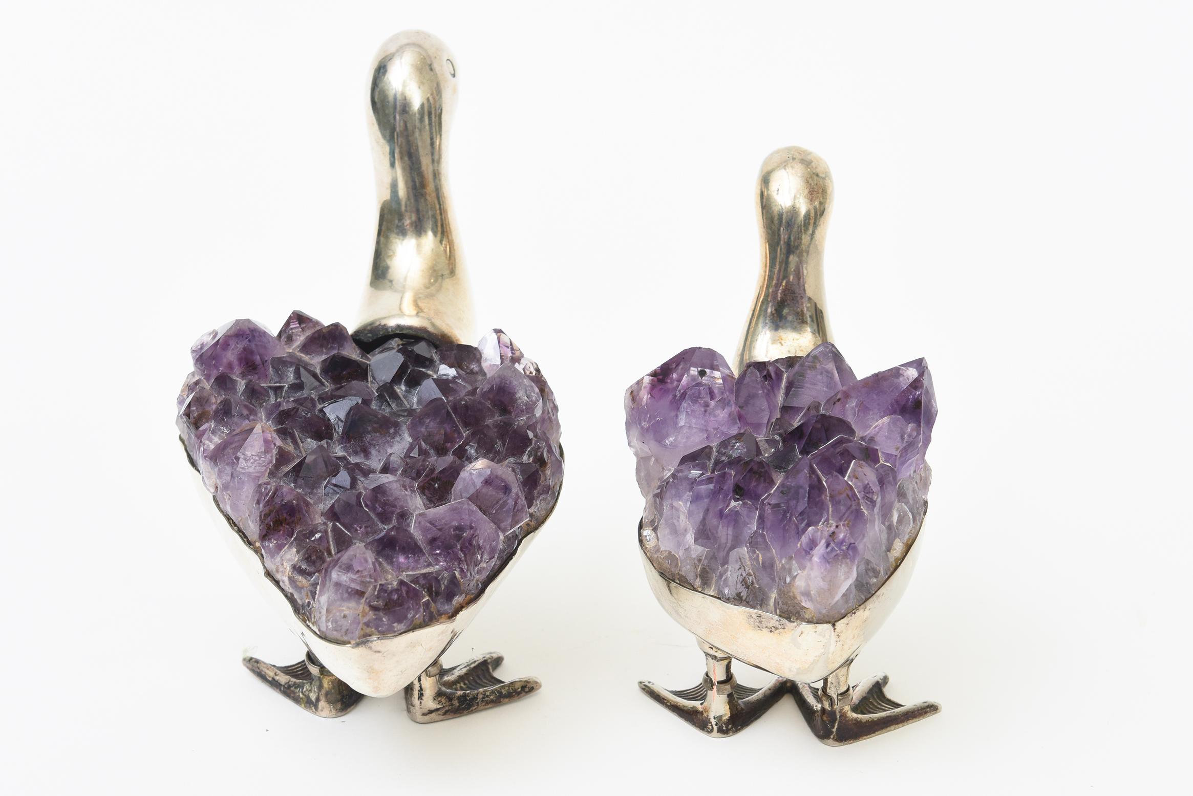 Signed Gerson Silver-Plate and Amethyst Duck Sculptures and Objects Pair Of For Sale 1