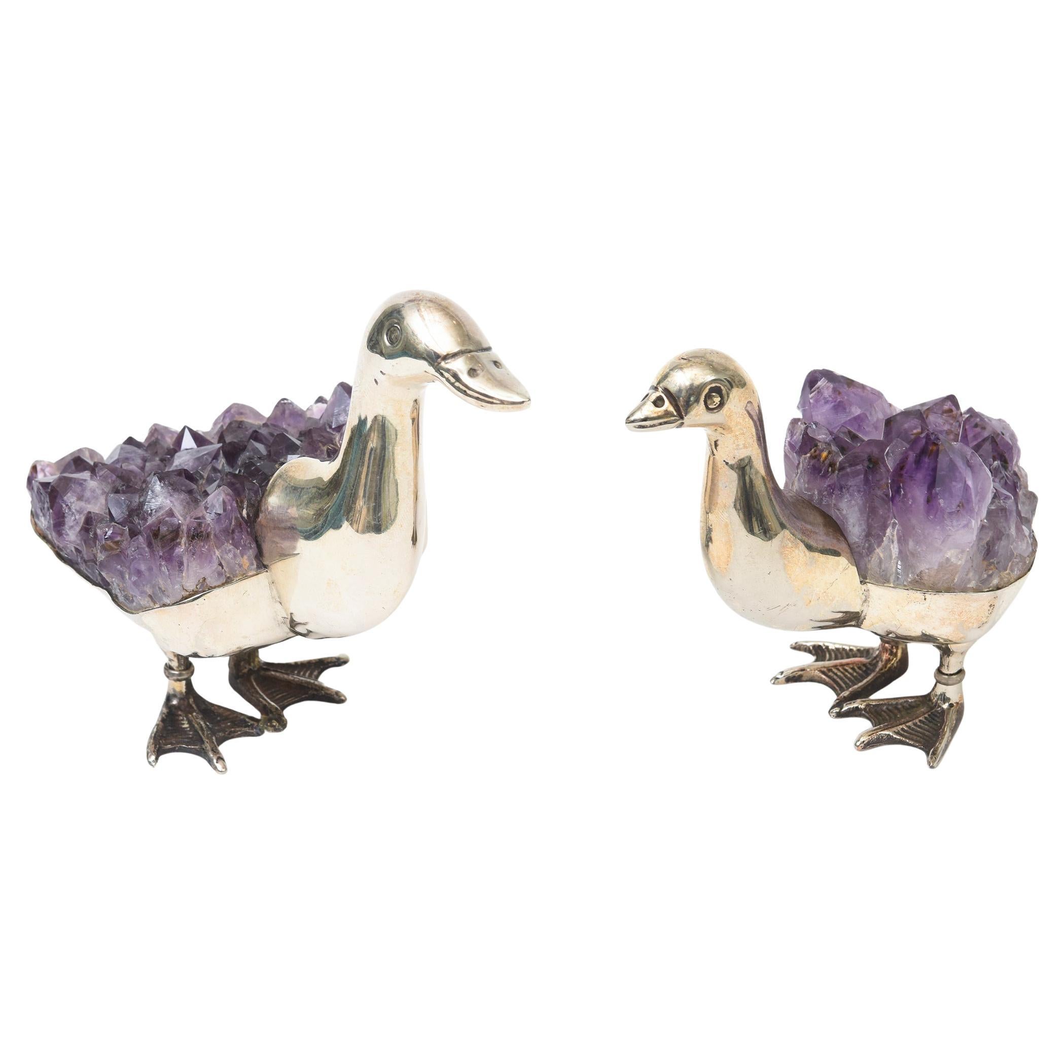 Signed Gerson Silver-Plate and Amethyst Duck Sculptures and Objects Pair Of For Sale