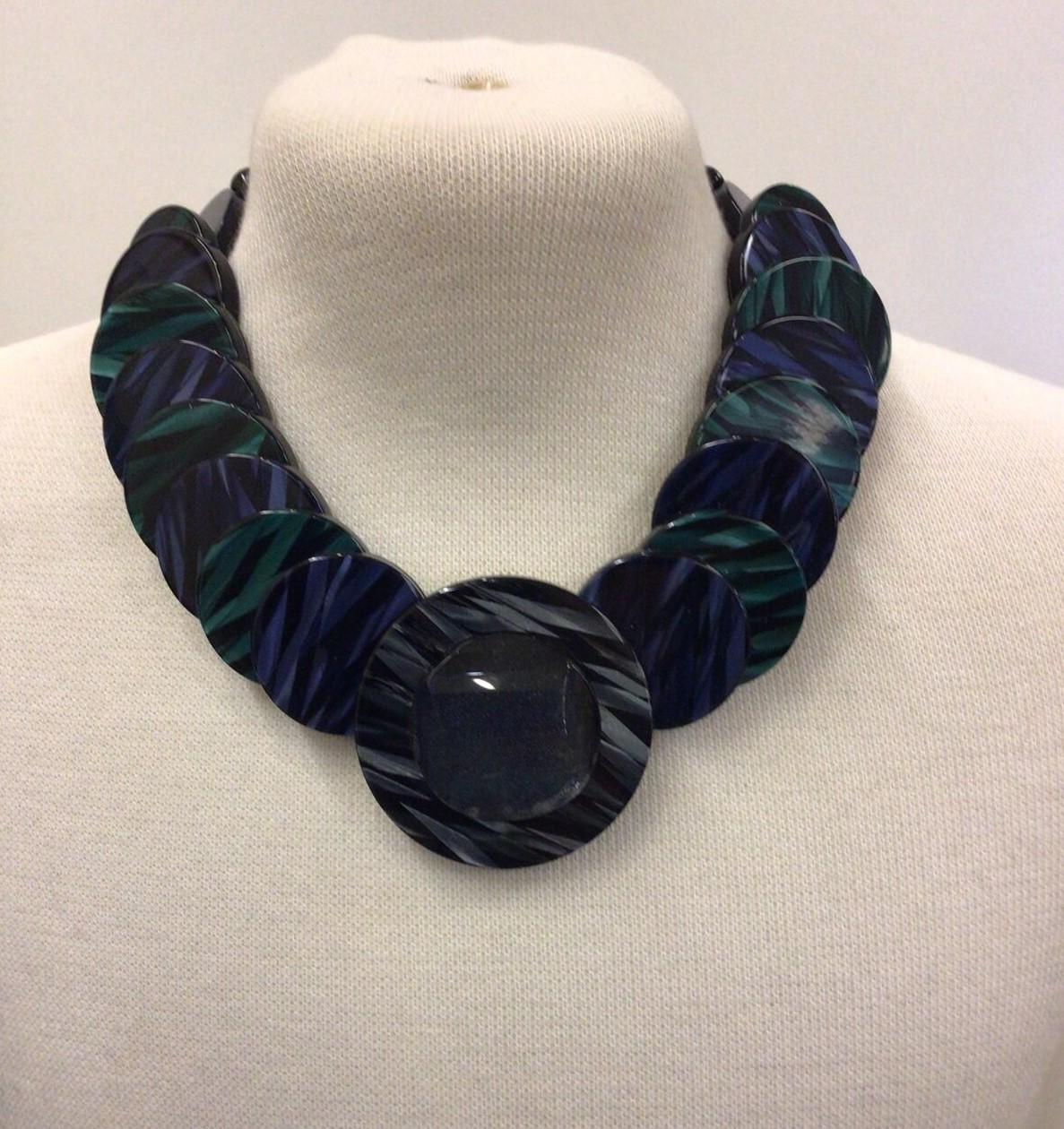 Awesome Giorgio Armani Necklace Featuring 19 Graduated Grey Blue Green Discs Necklace measures approx. 18