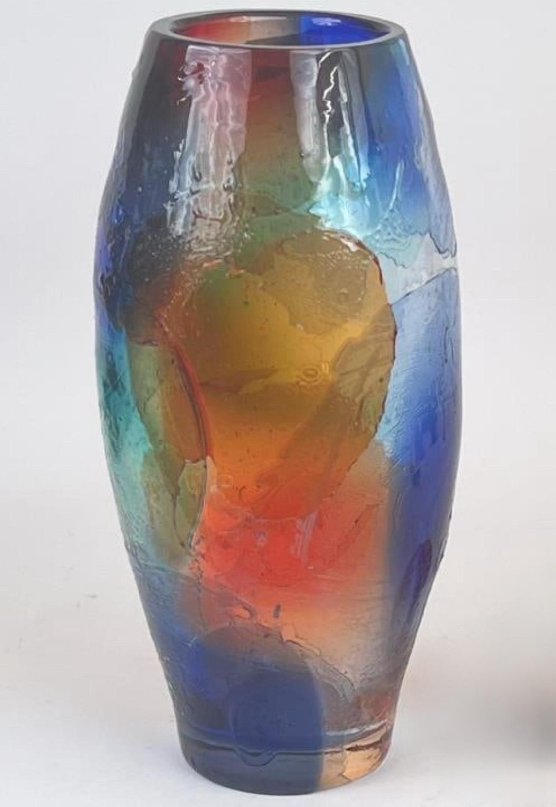 Italian Signed Giuliano Tosi Large Colorful Murano Glass Vase For Sale