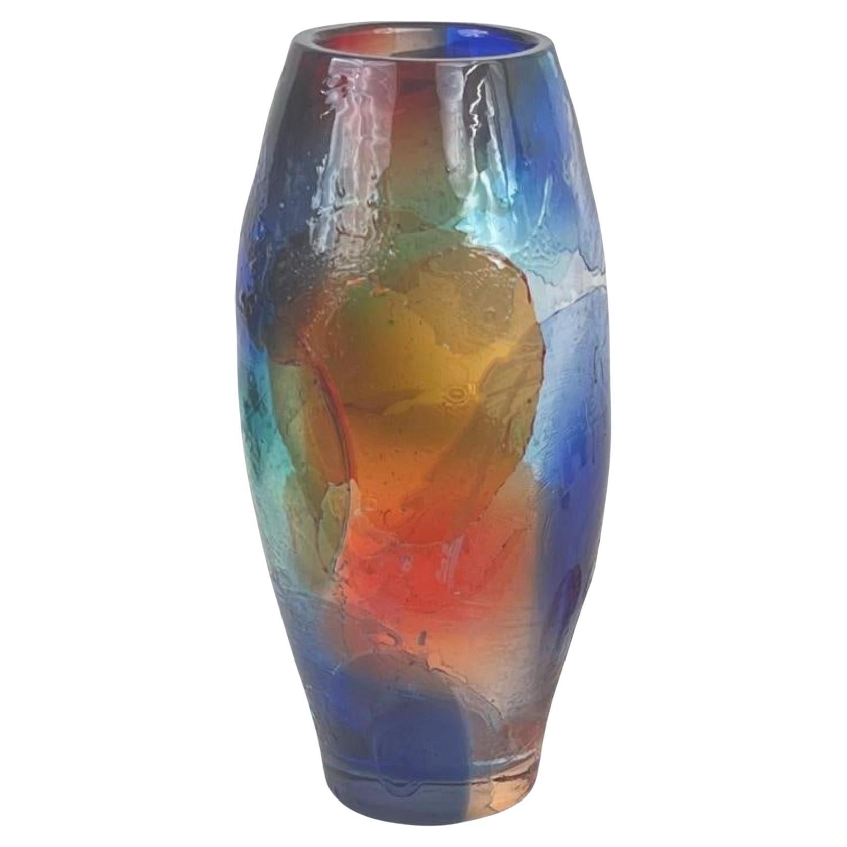 Signed Giuliano Tosi Large Colorful Murano Glass Vase For Sale