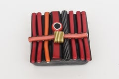 Signed Glass Abstract Paperweight Red, Black, Orange, Gold, White For Desk