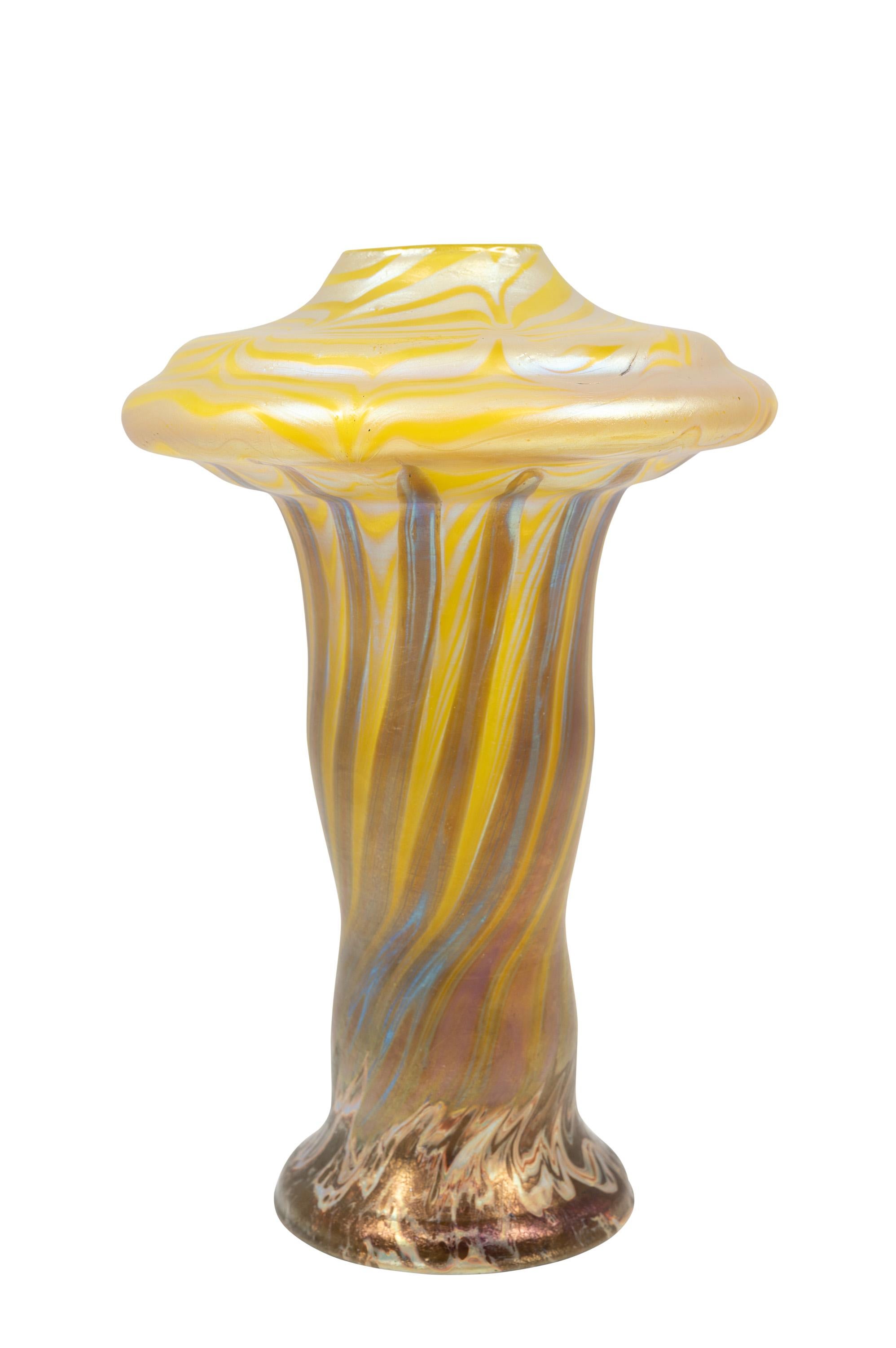 Bohemian glass vase, manufactured by Johann Loetz Witwe, PG 356 decoration, ca. 1900, signed, Paris World Exhibition, yellow, orange, brown, ochre, silver, white, Bohemia, Viennese Art Nouveau, Jugendstil, Art Deco, art glass, iridescent
