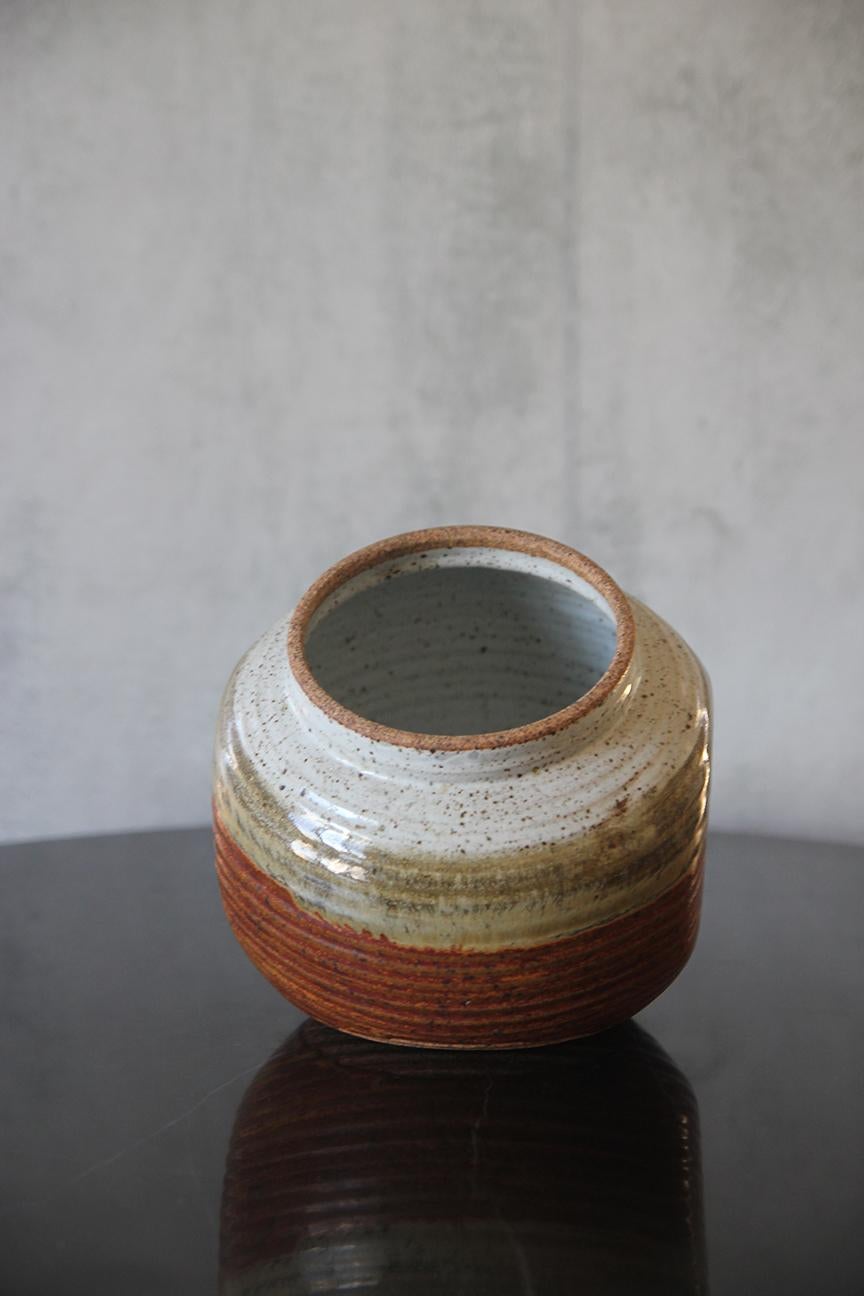 Mid-Century Modern Signed Glazed Stoneware Flat Side Vase For Sale