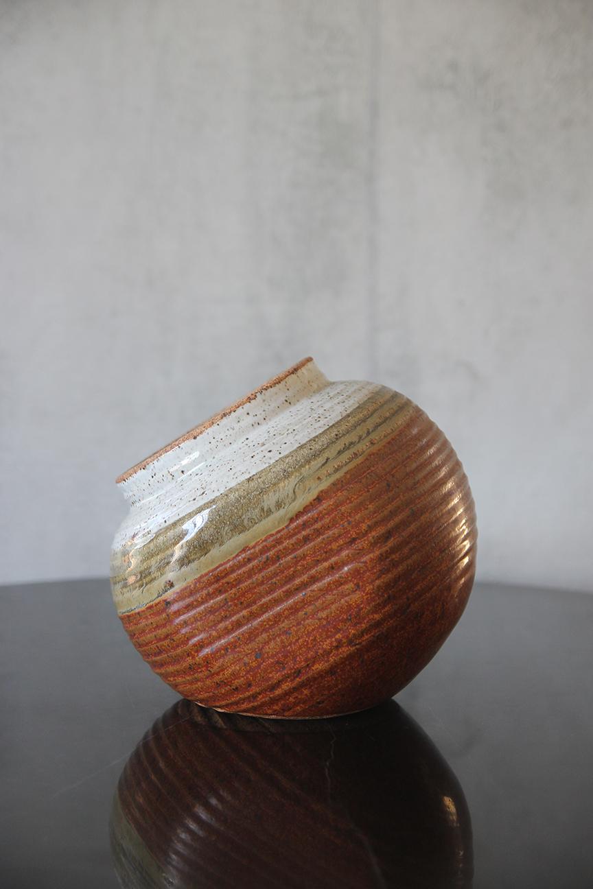 American Signed Glazed Stoneware Flat Side Vase For Sale