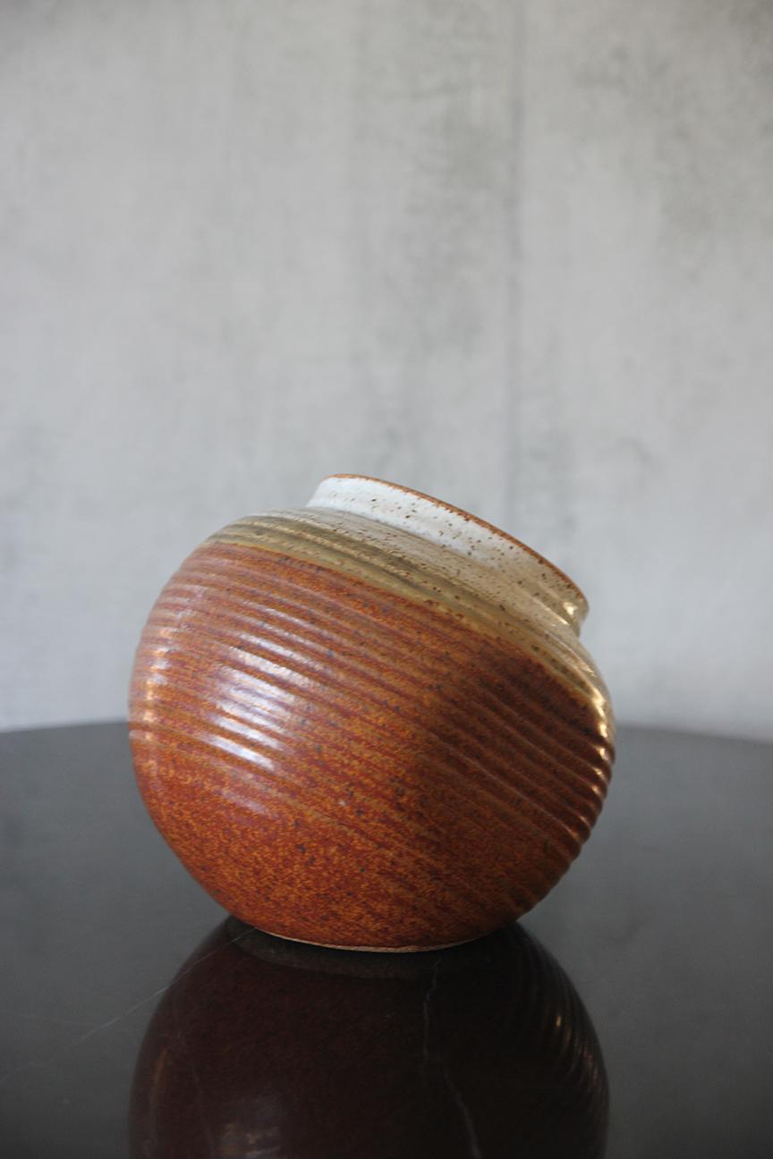 20th Century Signed Glazed Stoneware Flat Side Vase For Sale